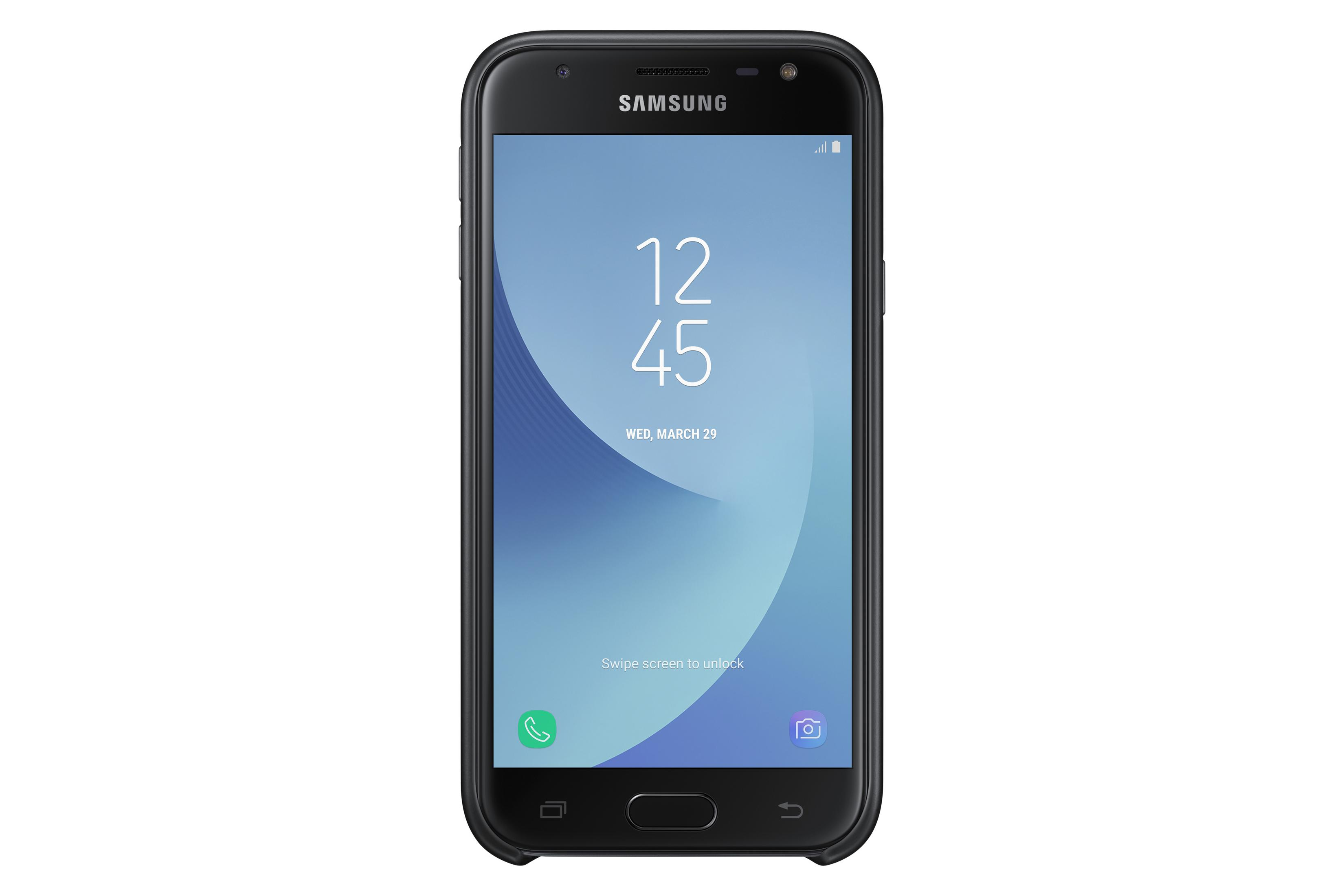 Telefono nero con schermo che mostra ora e data. Logo Samsung visibile.