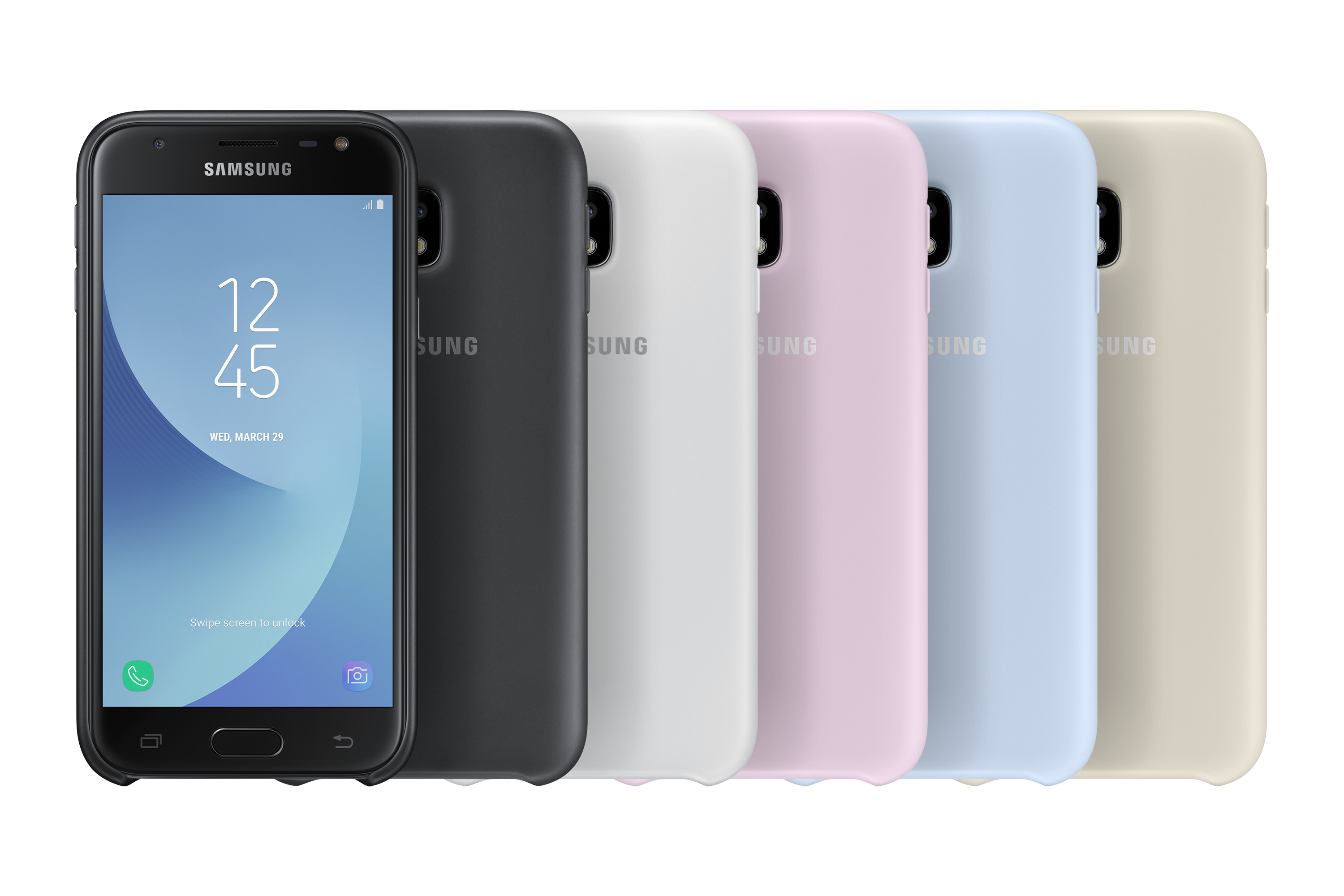 Una fila di telefoni con custodie. Uno mostra lo schermo. Le custodie sono nere, bianche, rosa, blu e beige.