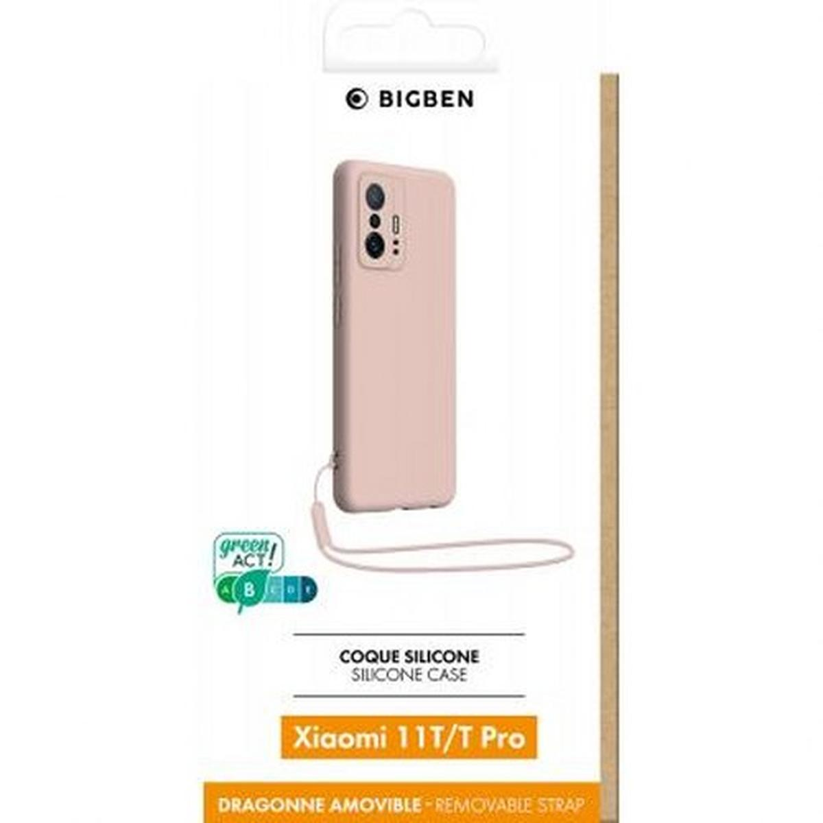 Custodia rosa in scatola. Testo: Silicone Case, Xiaomi 11T/T Pro. Cordino attaccato.