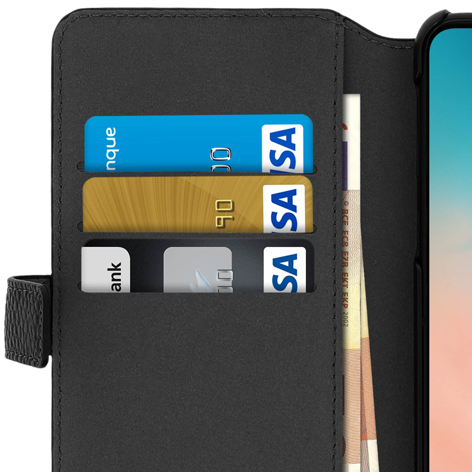 Schwarze Leder-Handyhülle, offen, zeigt Karten und Geld. Weißer Hintergrund.
