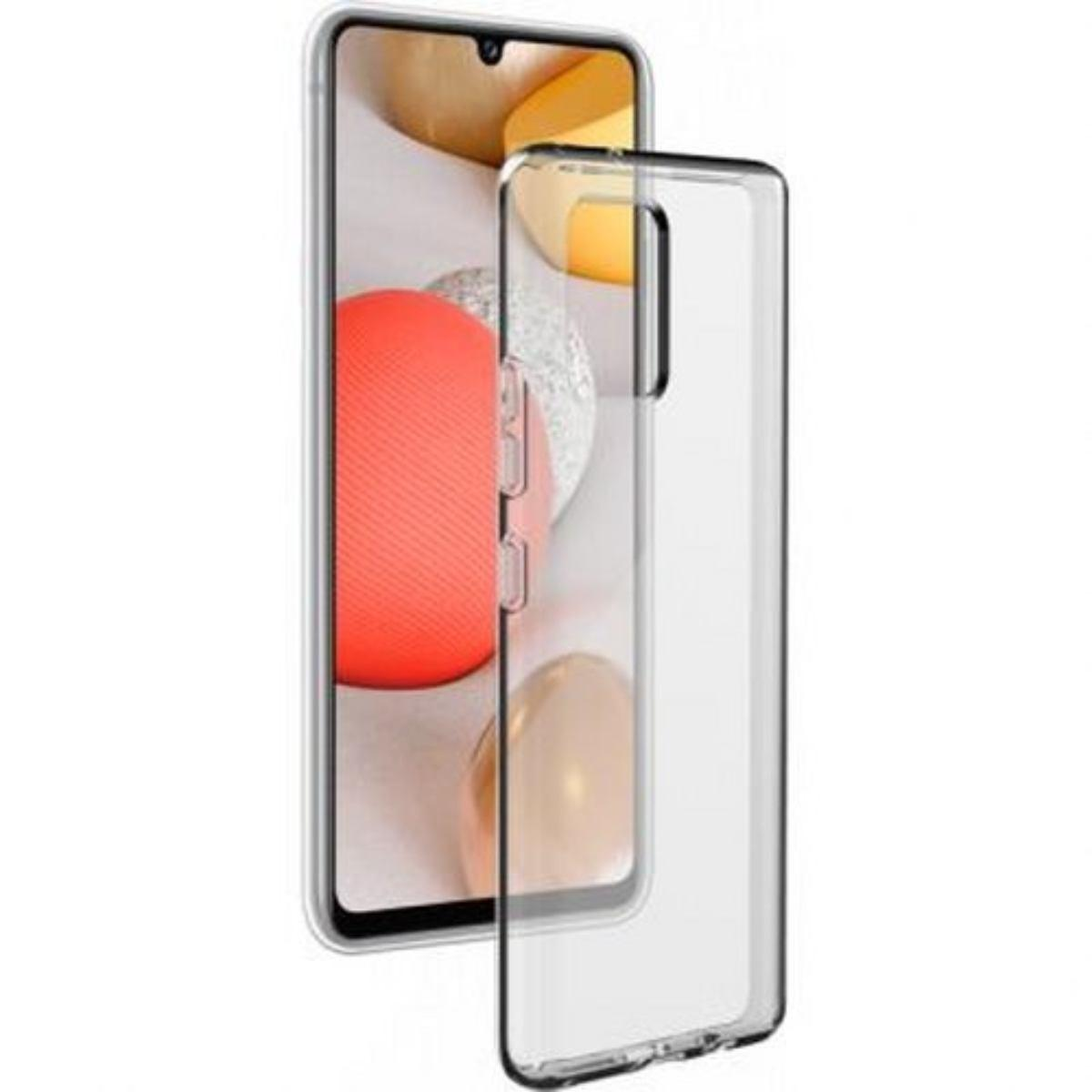Telefono con custodia trasparente, il display mostra un design rosso e giallo. La custodia è accanto.