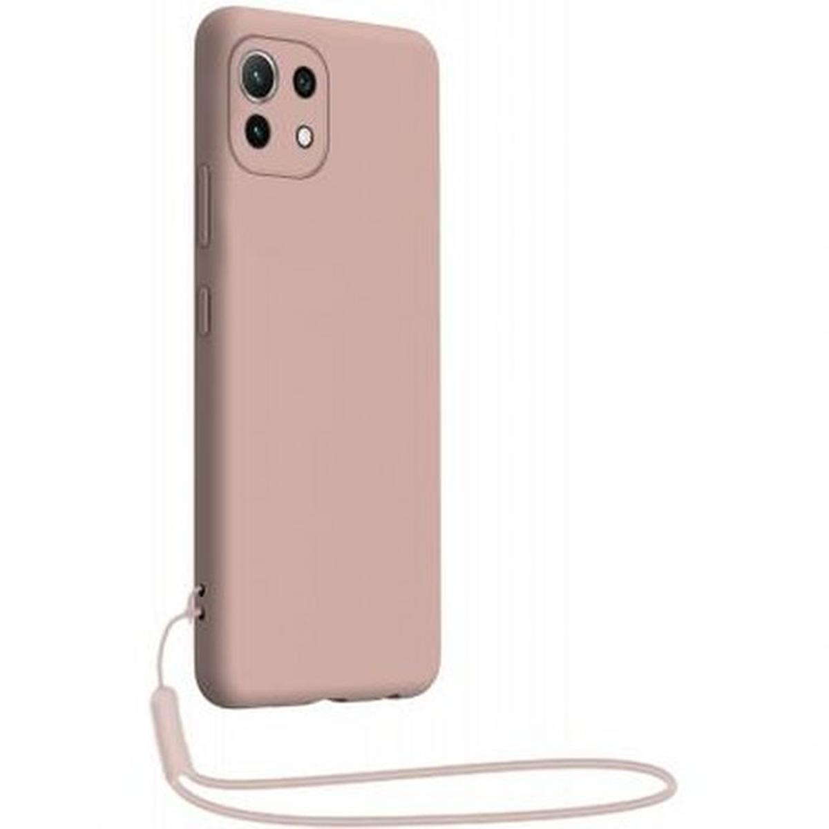 Una custodia rosa per telefono con un cinturino e un telefono. La custodia è su sfondo bianco.