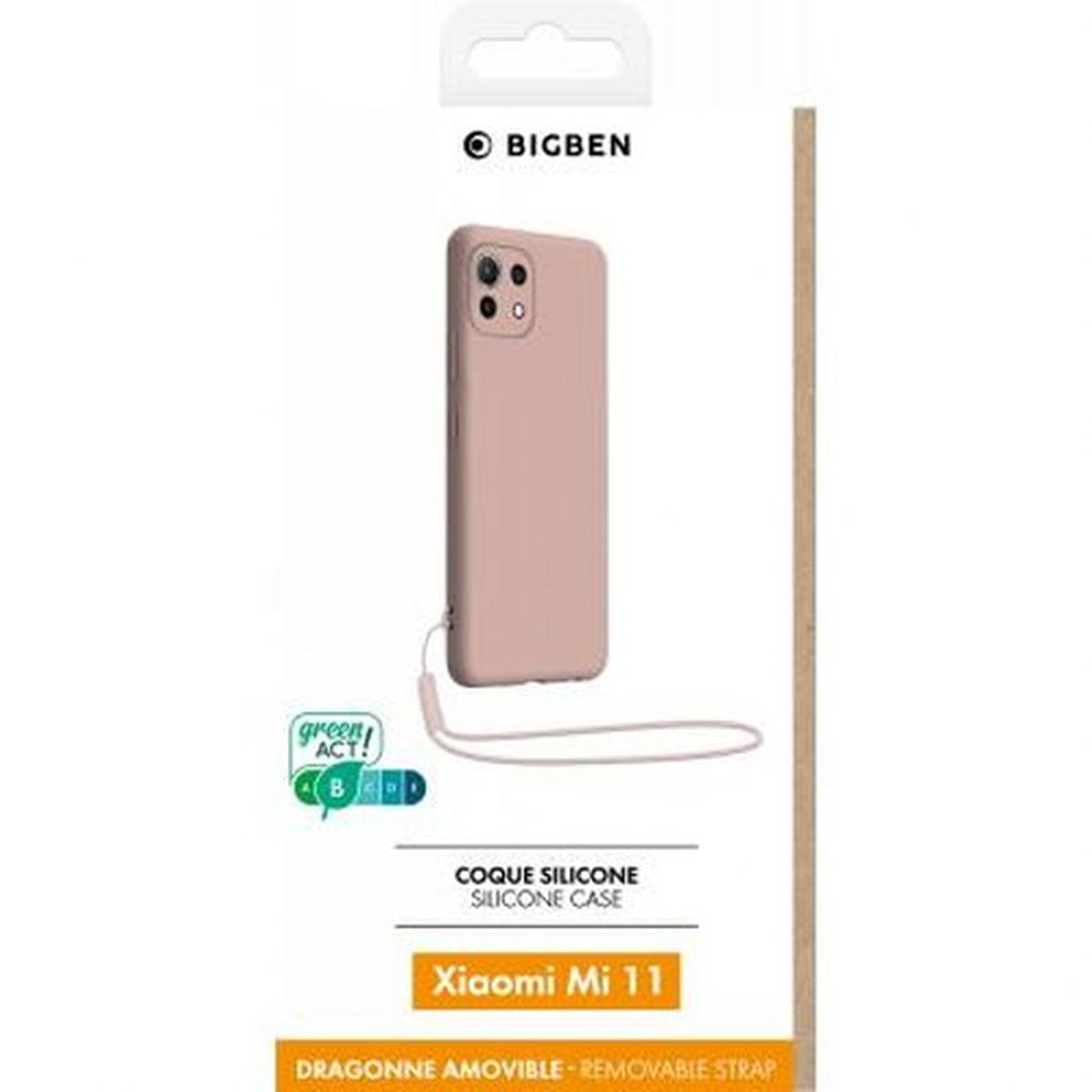 Custodia rosa in scatola. Testo: Silicone Case, Xiaomi Mi 11. Cordino attaccato.