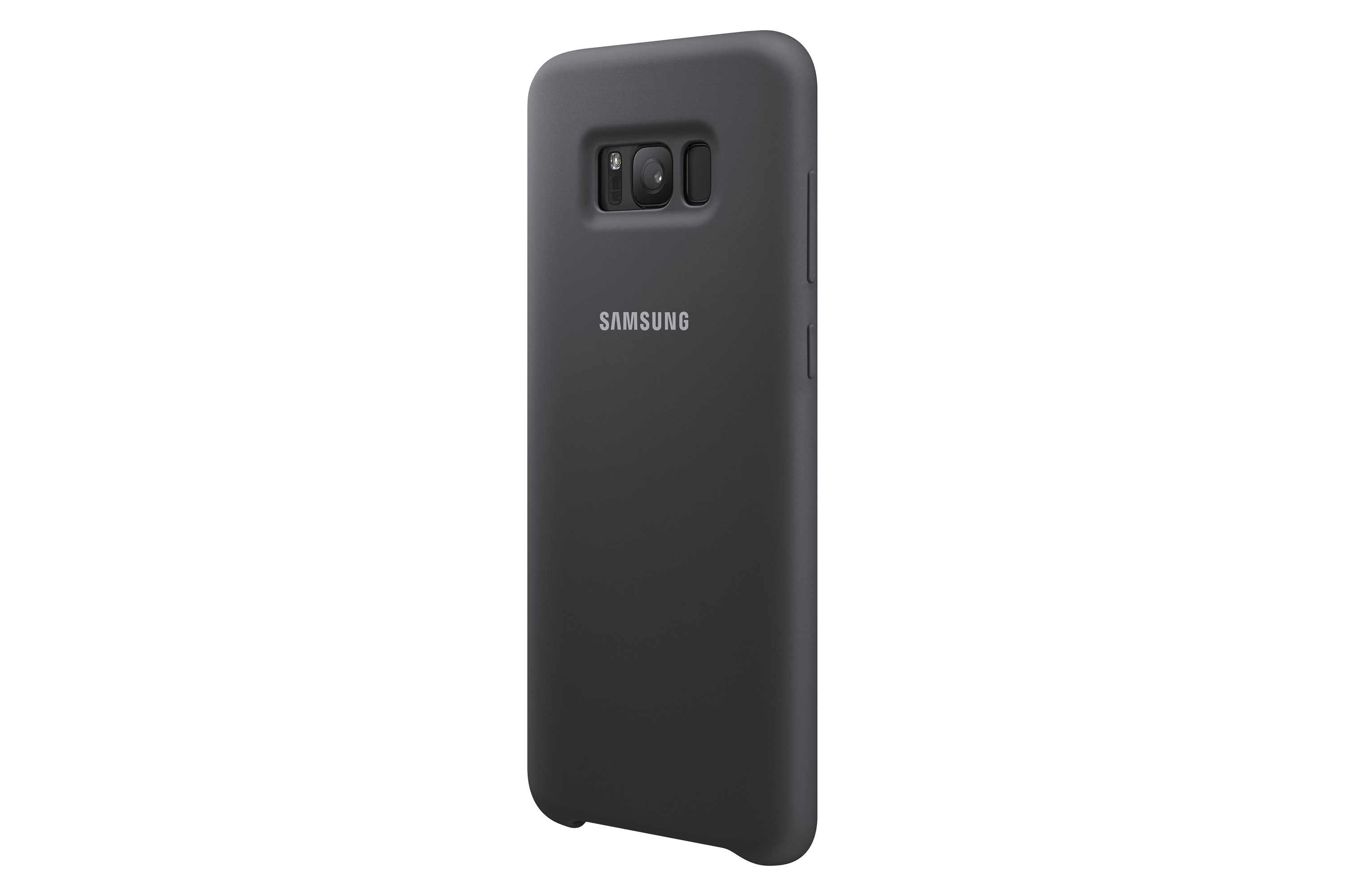 Una custodia grigia per telefono con il logo Samsung e una fotocamera. La custodia è su sfondo bianco.