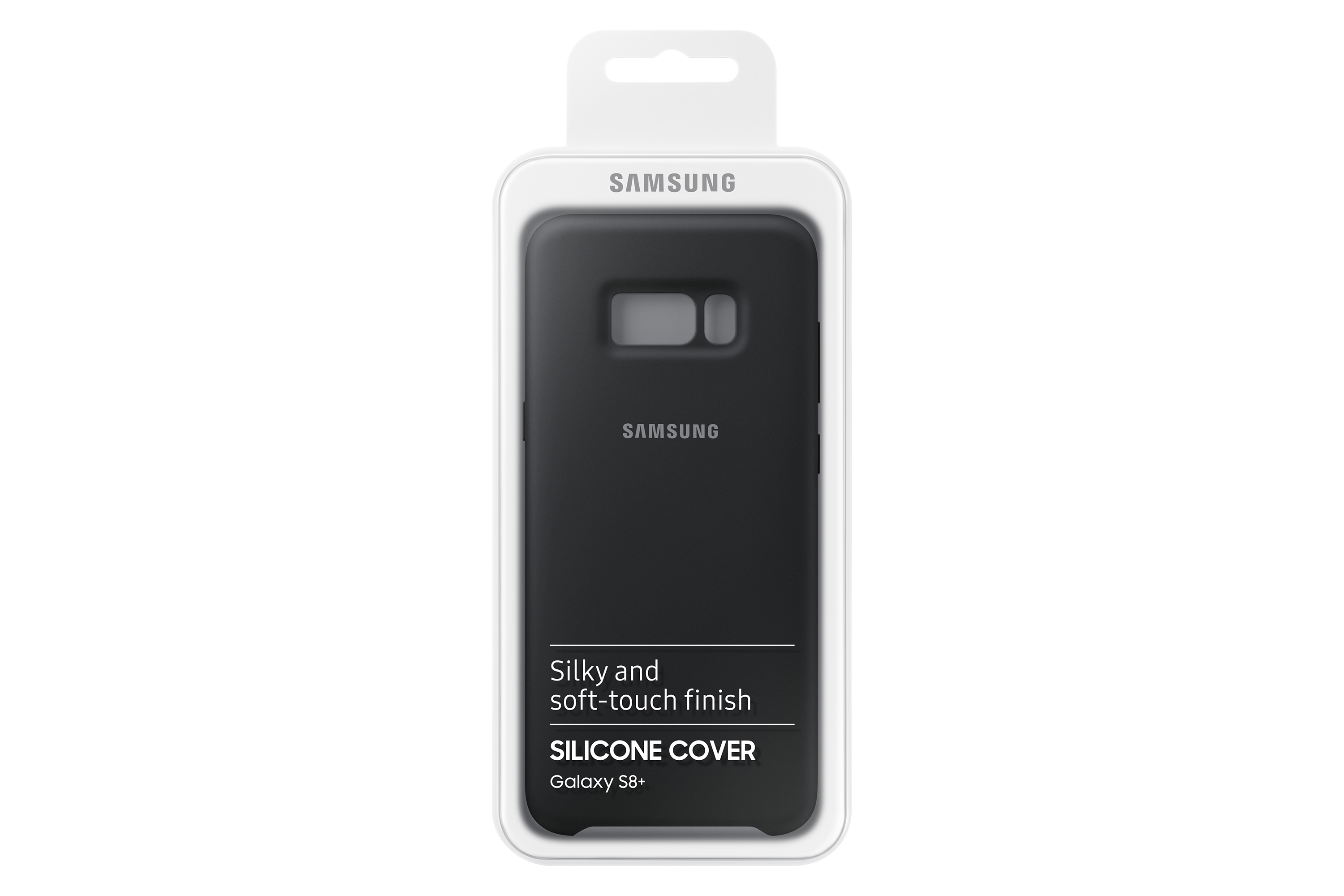 Custodia nera per telefono Samsung in confezione bianca. Dice 'Silicone Cover'.