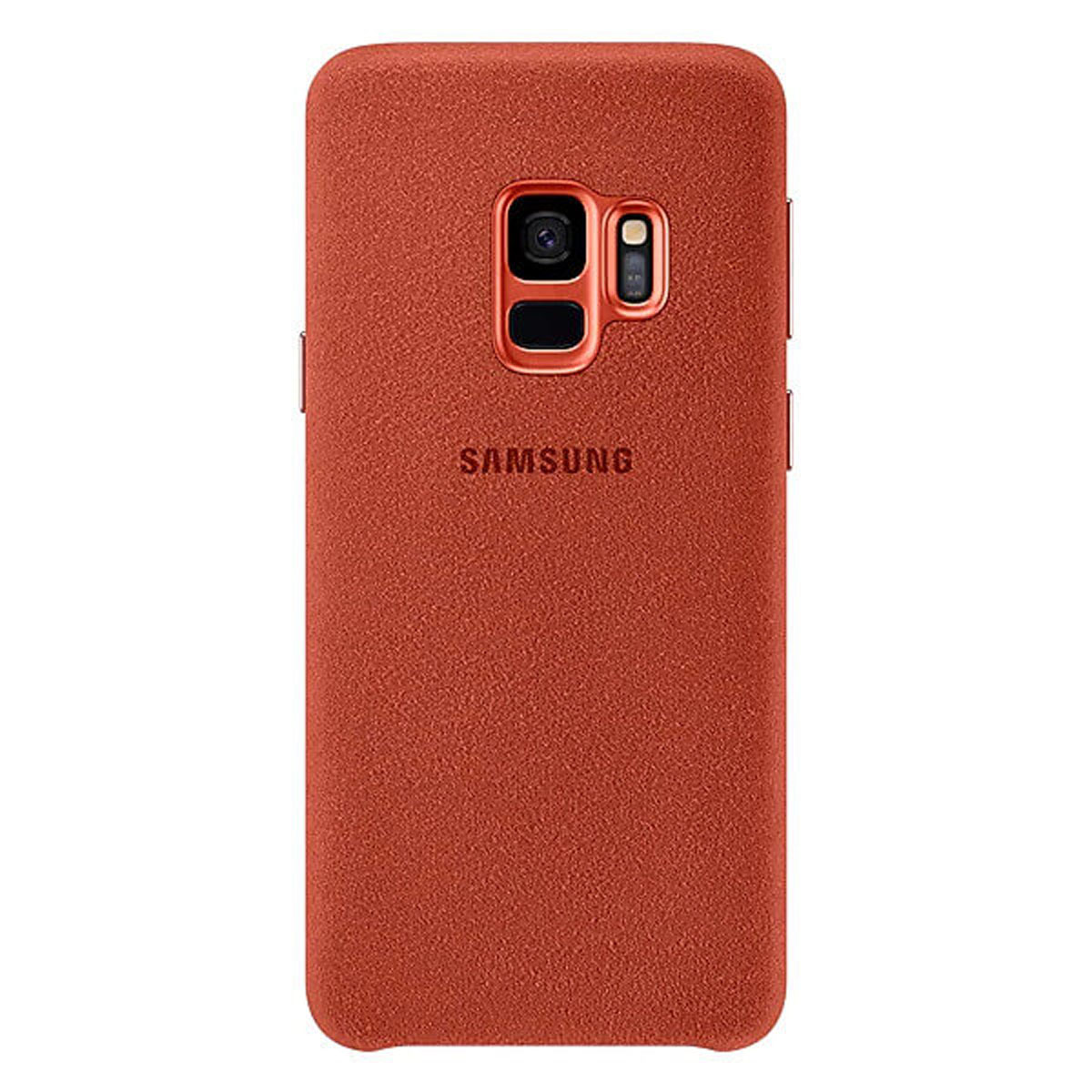 Una custodia rossa per telefono con il logo Samsung e una fotocamera. La custodia è su sfondo bianco.