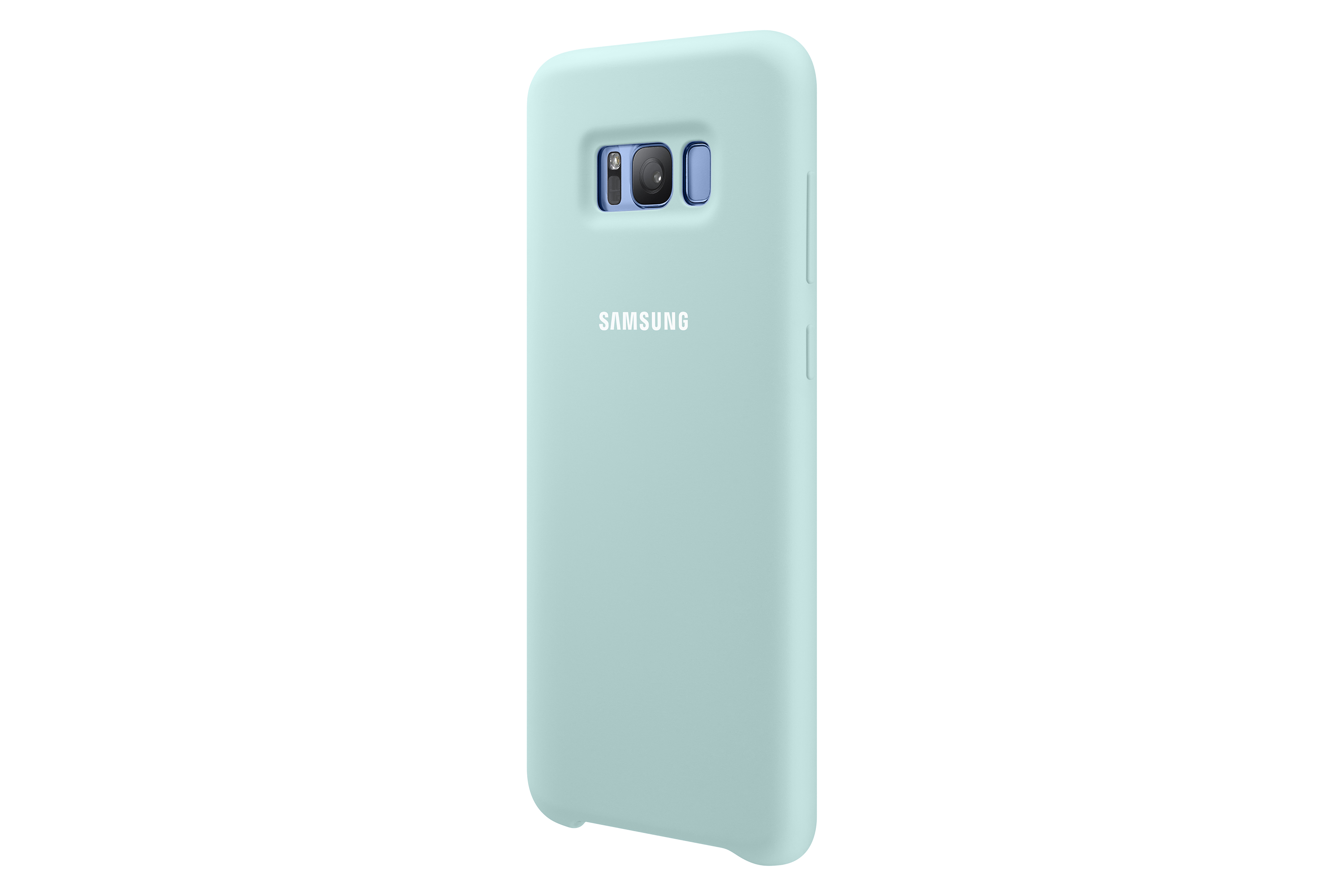 Hellblaue Handyhülle. Ein Samsung-Handy ist darin. Weißer Hintergrund.