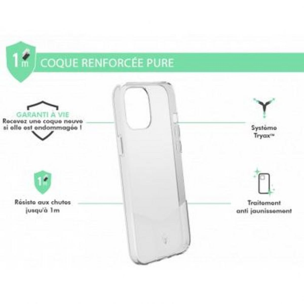 Custodia trasparente con testo e icone. Sfondo bianco.