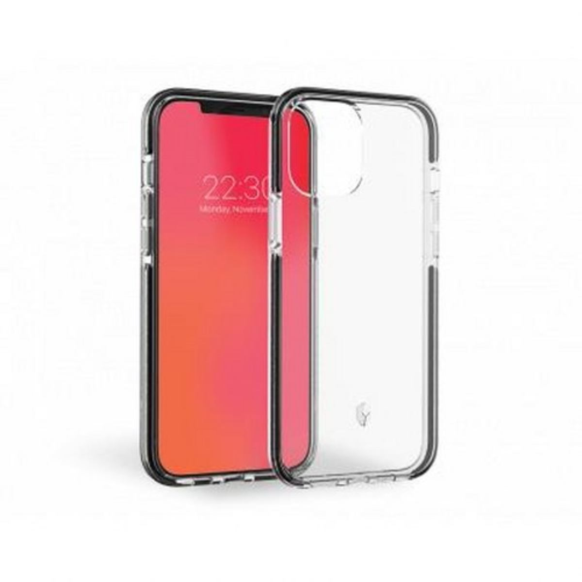 Custodia trasparente per telefono accanto a uno schermo rosso.