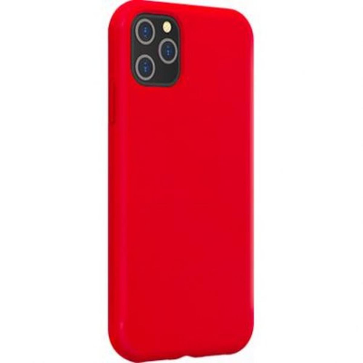 Custodia rossa per telefono. Il telefono ha una configurazione a tripla fotocamera.