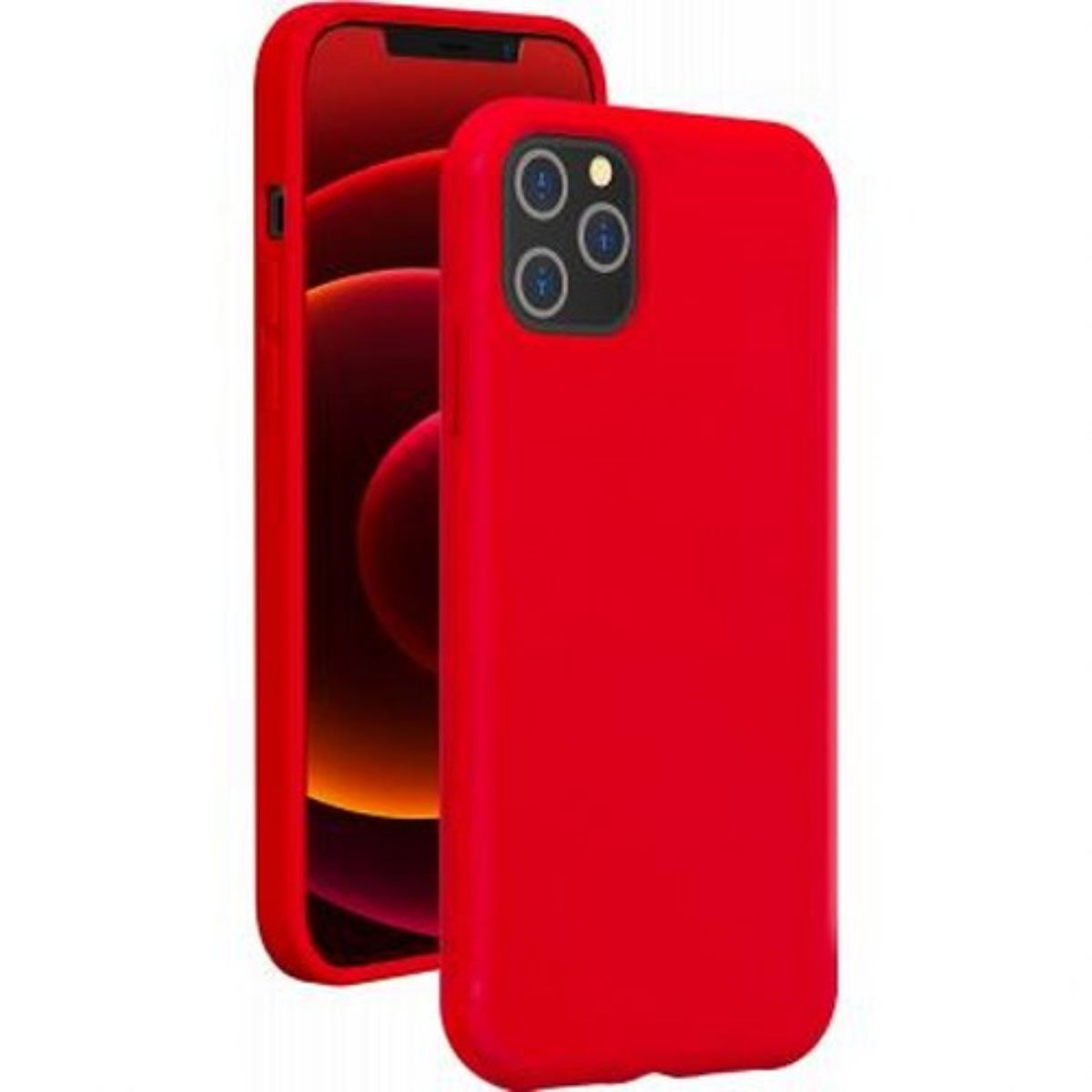 Custodia rossa per telefono accanto a un telefono. Il telefono è dentro.