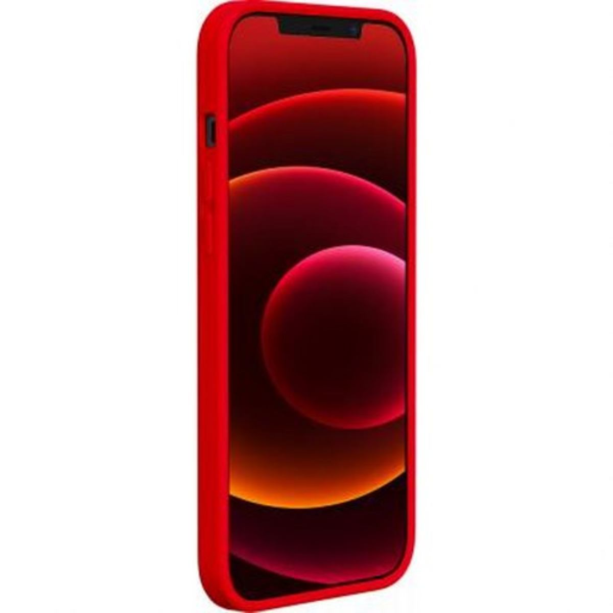 Telefono rosso in una custodia rossa. Lo schermo mostra un motivo rosso e arancione.