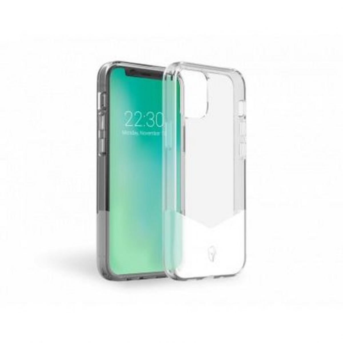 Un telefono con custodia trasparente e schermo con ora 22:30.