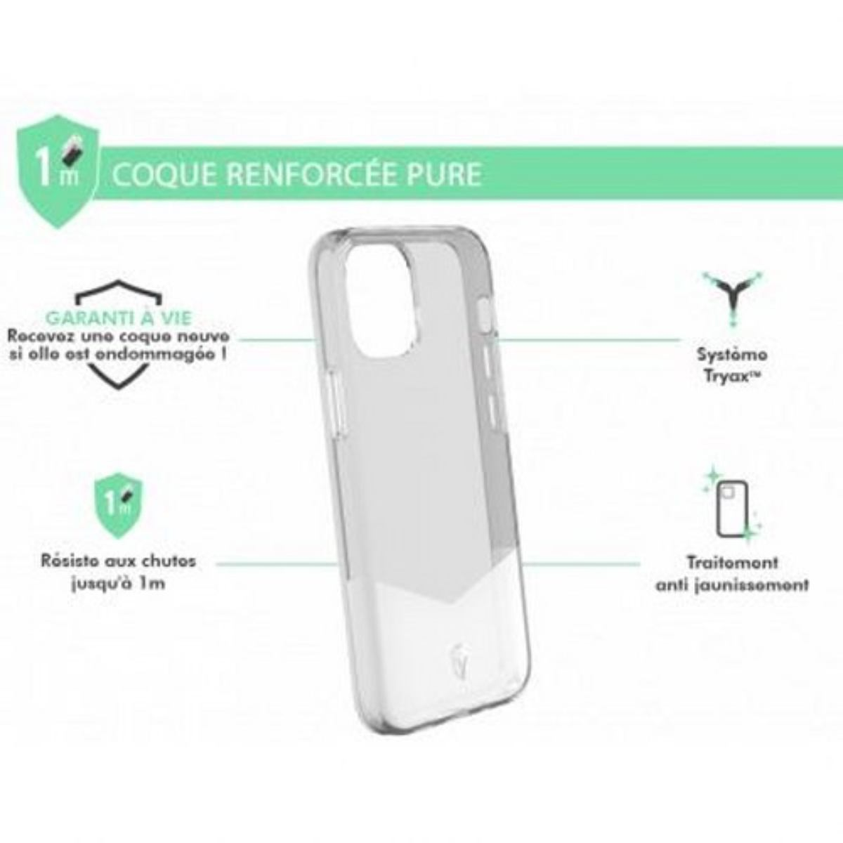 Una custodia trasparente per telefono con testo e grafica di protezione.