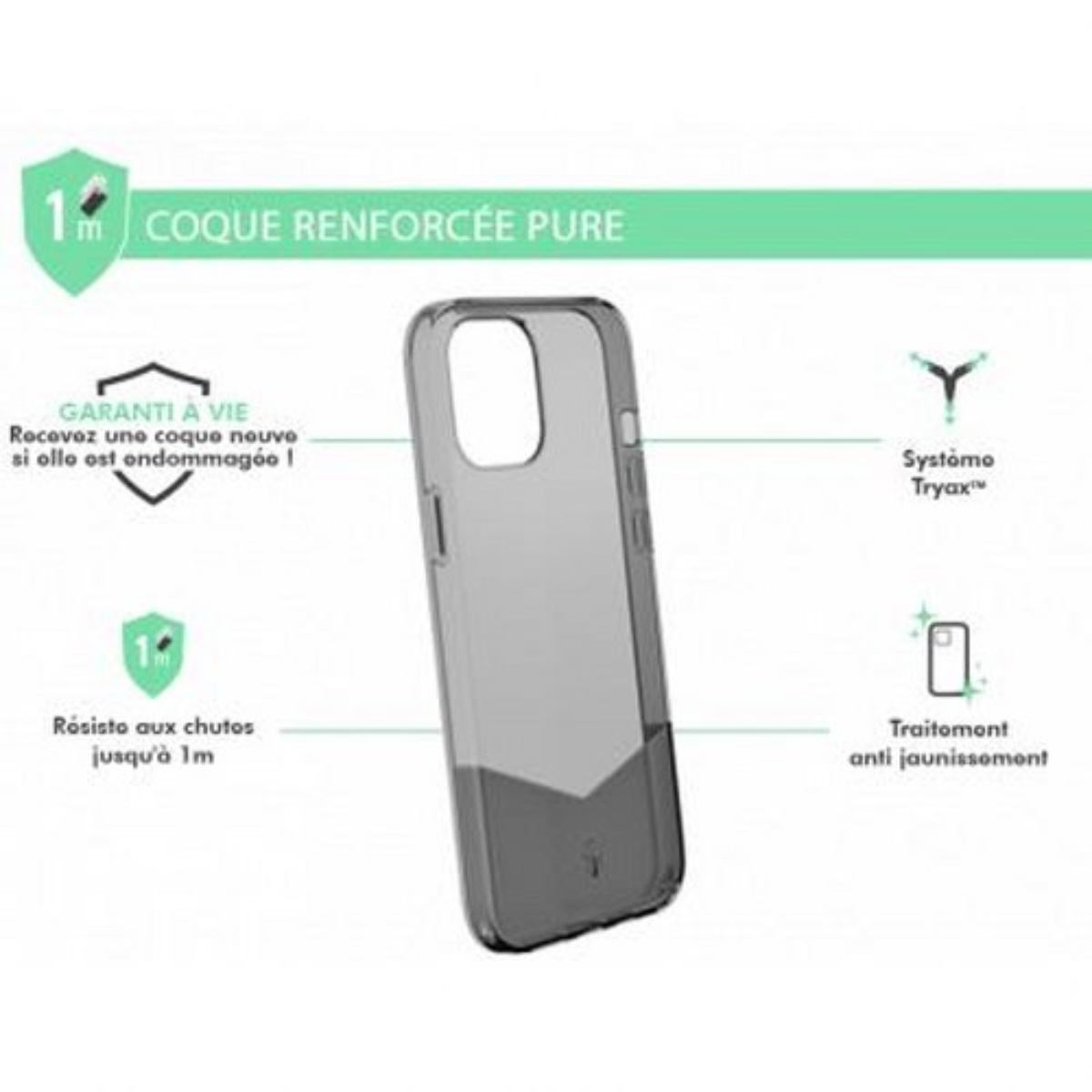 Una custodia trasparente per telefono con la parte inferiore grigio scuro, con testo e simboli.