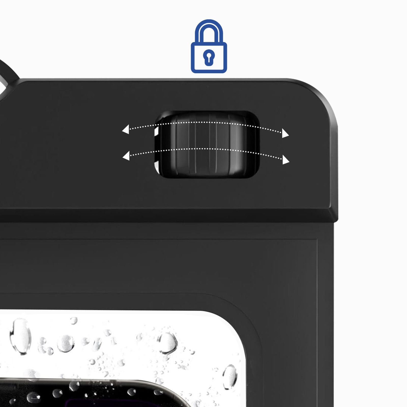 Zbliżenie czarnego, wodoodpornego etui z ikoną kłódki i mechanizmem.