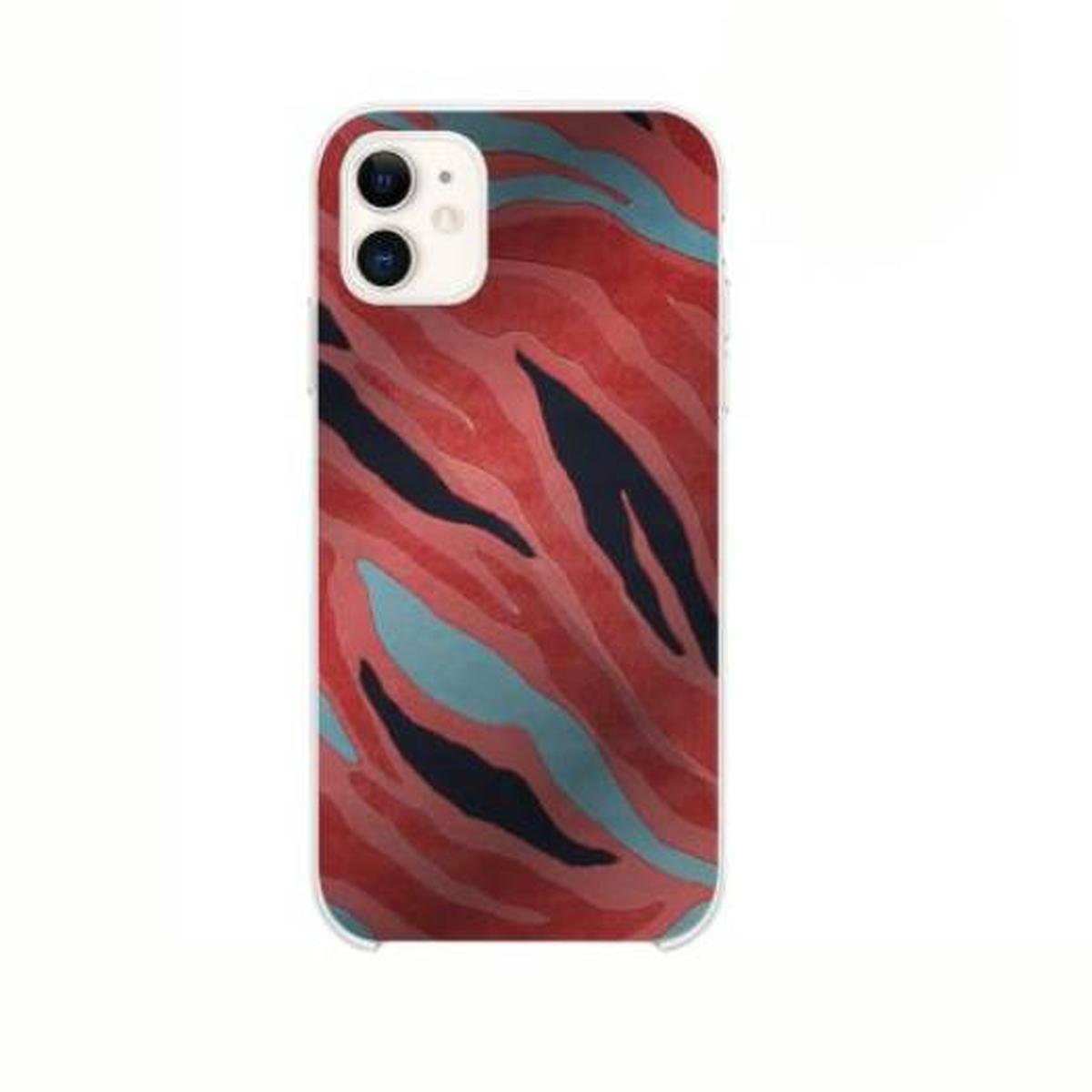 Una custodia per telefono con un motivo astratto rosso, blu e nero.
