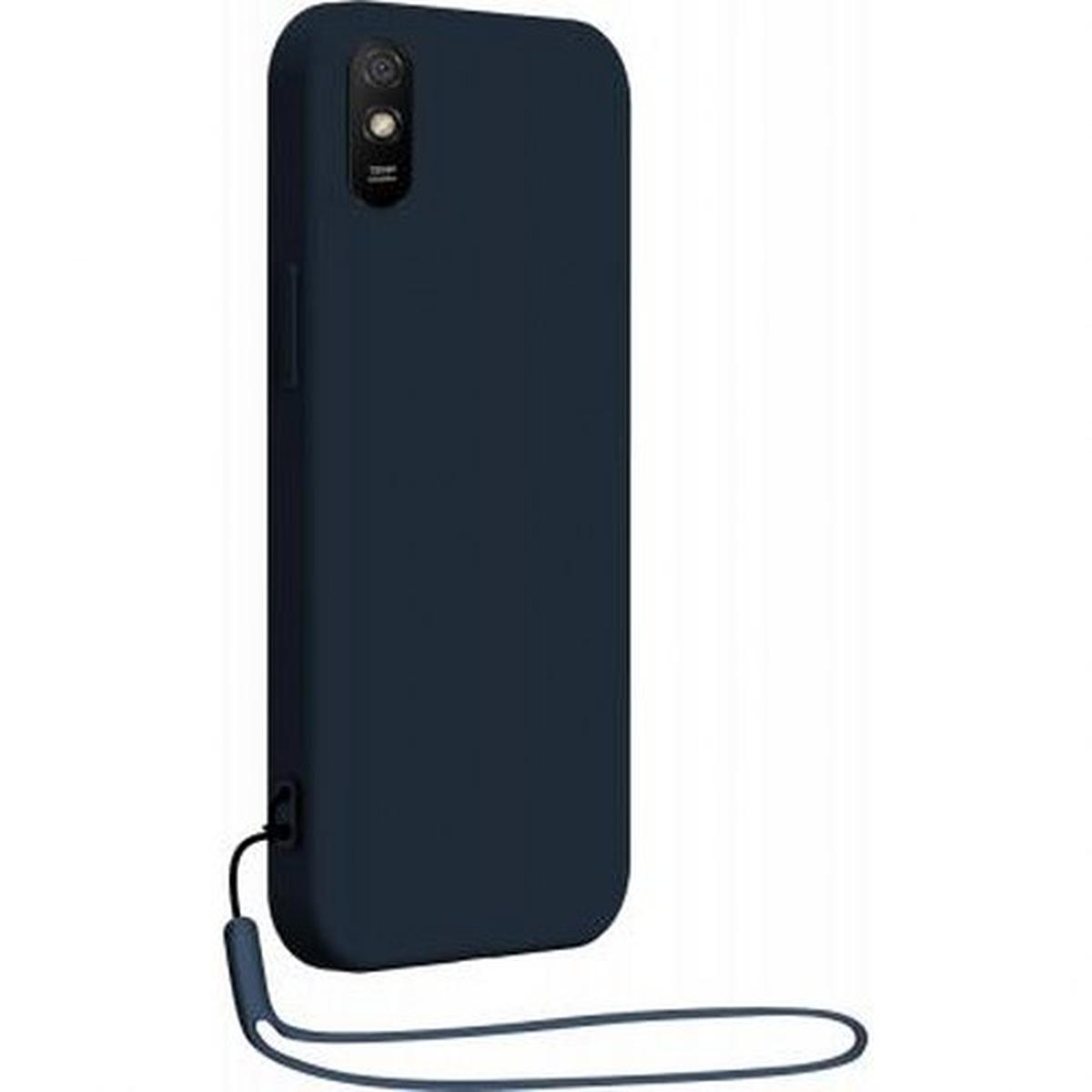 Una custodia per telefono blu scuro con fotocamera e cinturino, su sfondo bianco.