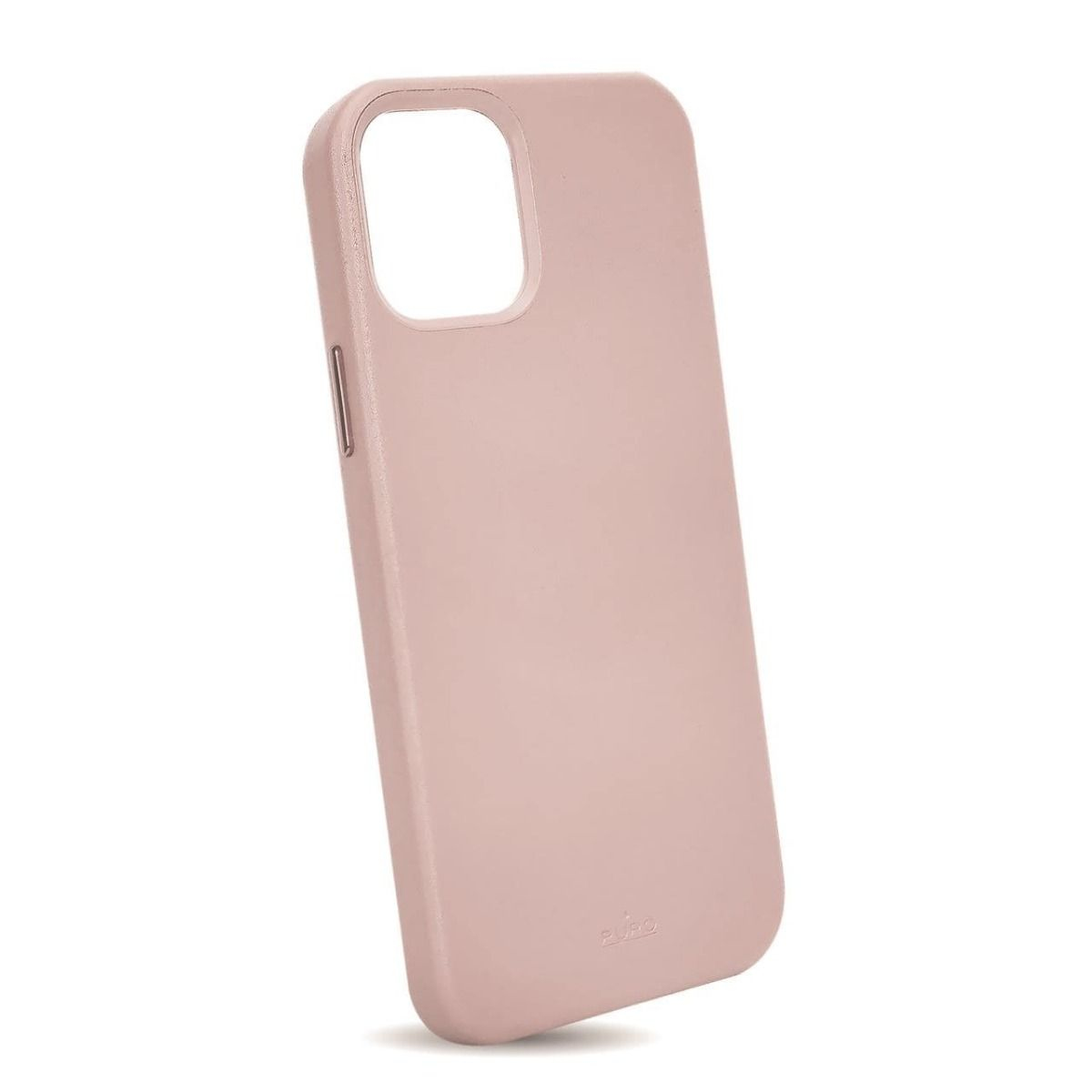 Una custodia per telefono rosa su una superficie bianca, che mostra il suo profilo laterale.