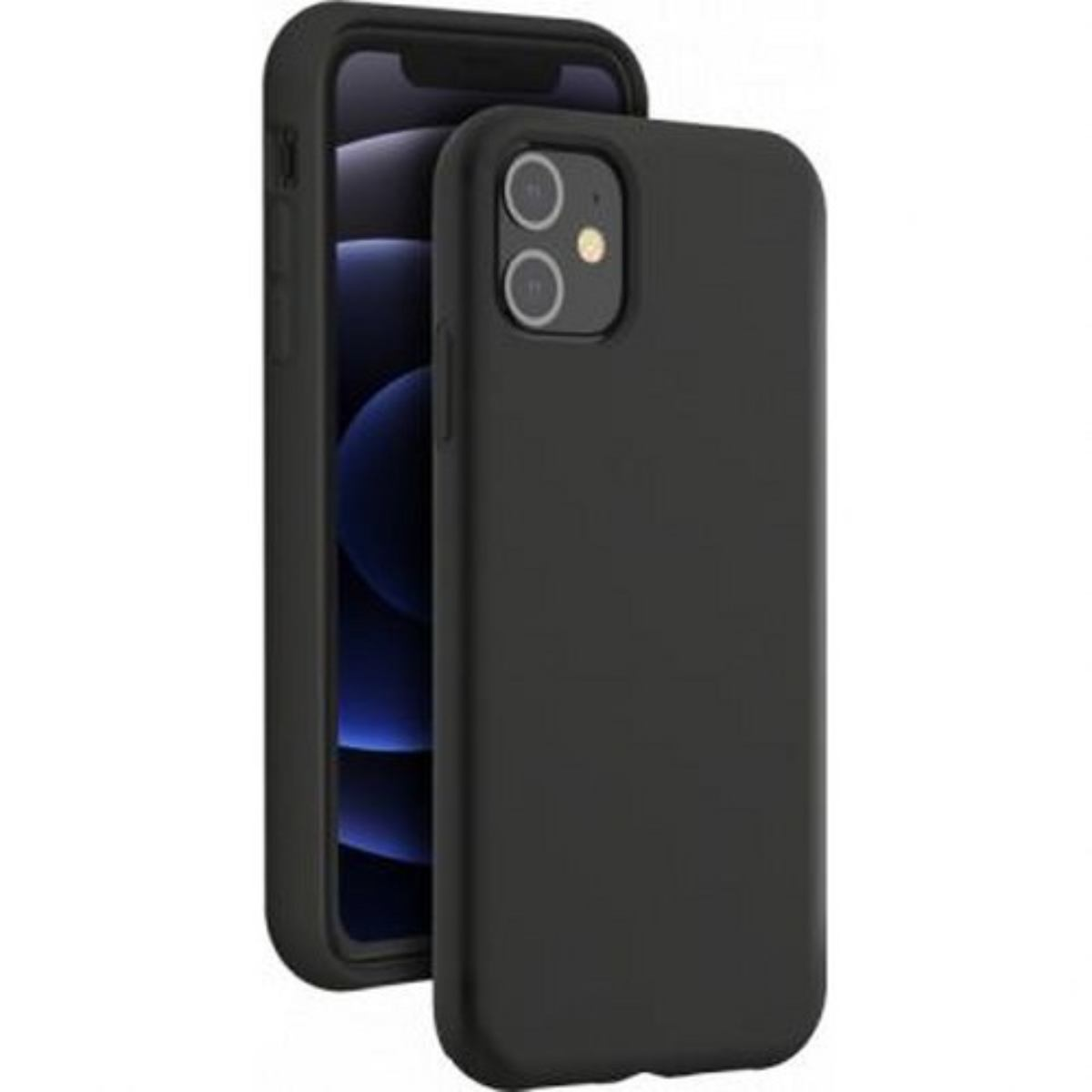 Eine schwarze Handyhülle mit einem Telefon darin. Das Telefon hat zwei Kameralinsen.