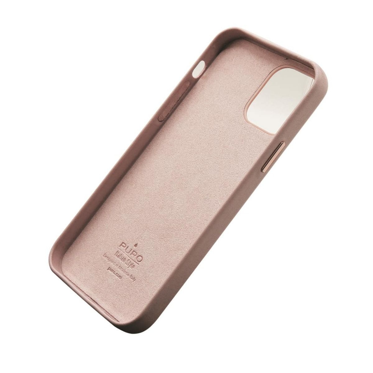 Custodia per telefono rosa con logo del marchio all'interno, con sfondo bianco e angolo ravvicinato.