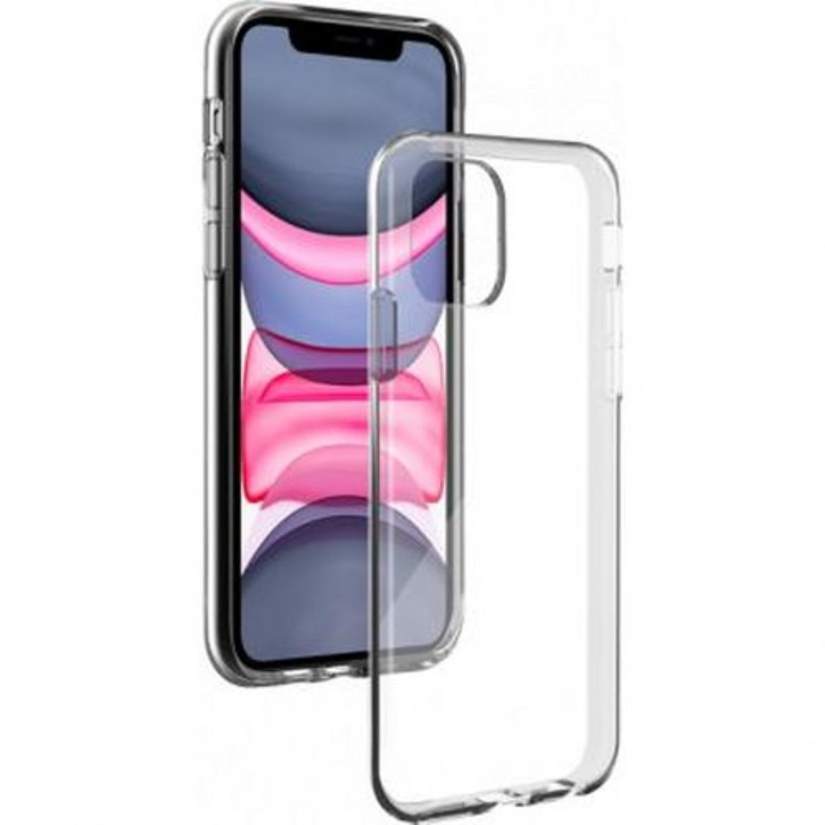 Telefon und transparente Hülle. Telefon zeigt Bildschirm mit Pink und Lila.