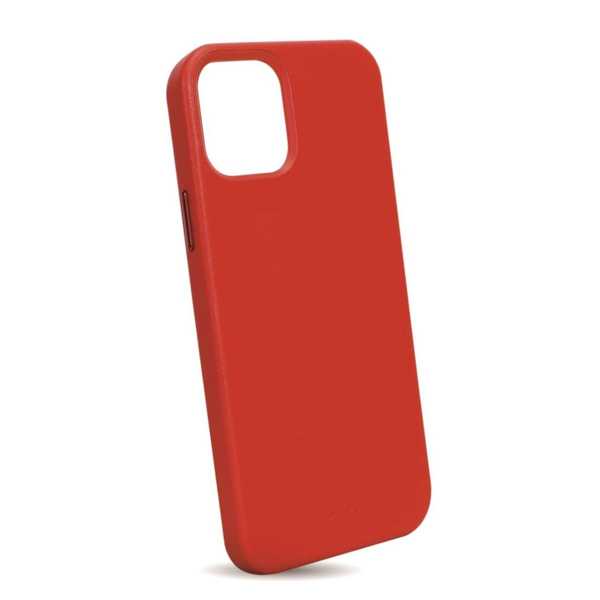 Custodia rossa per telefono, angolata. Mostra foro fotocamera e tasti laterali.