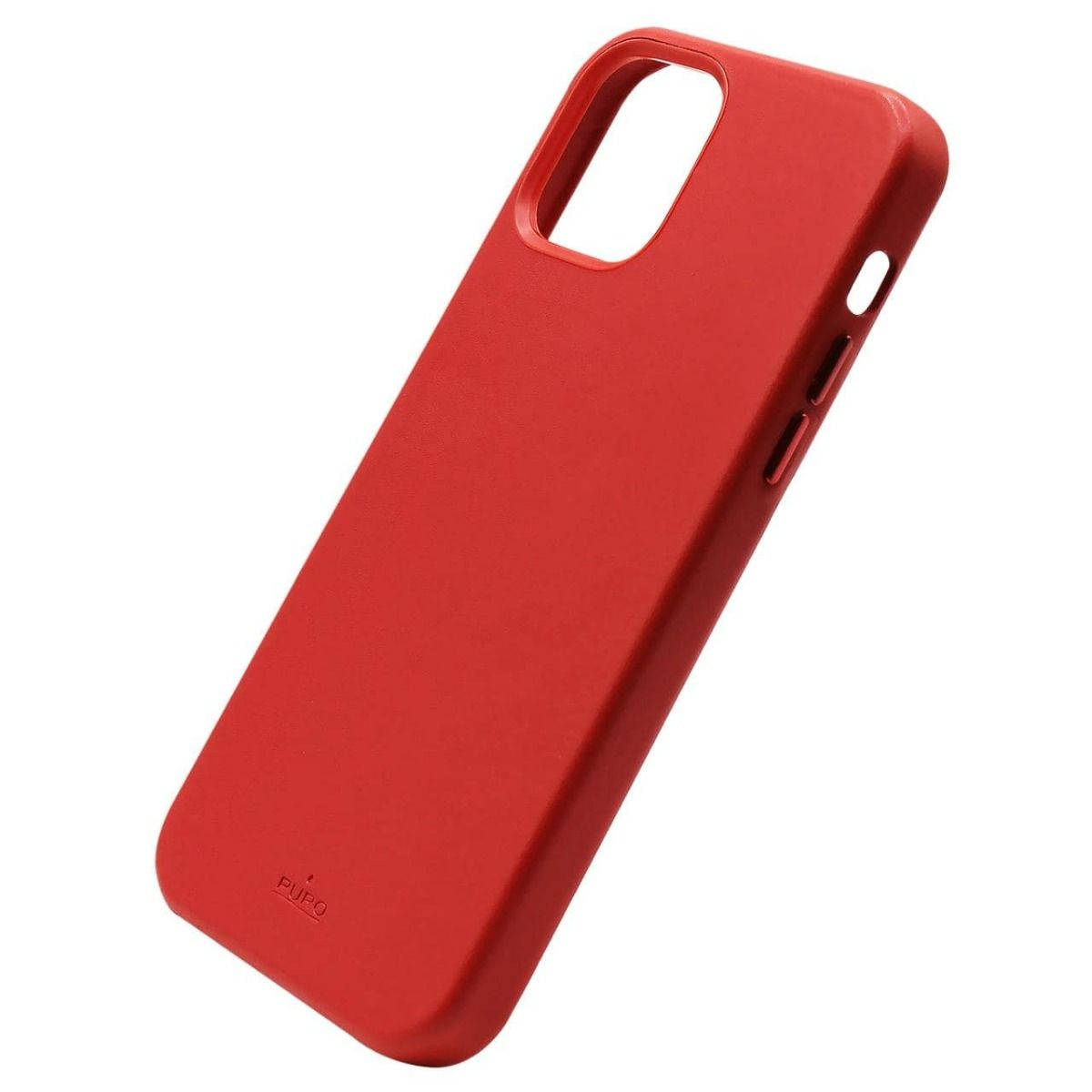 Custodia rossa per telefono. Vista angolata.