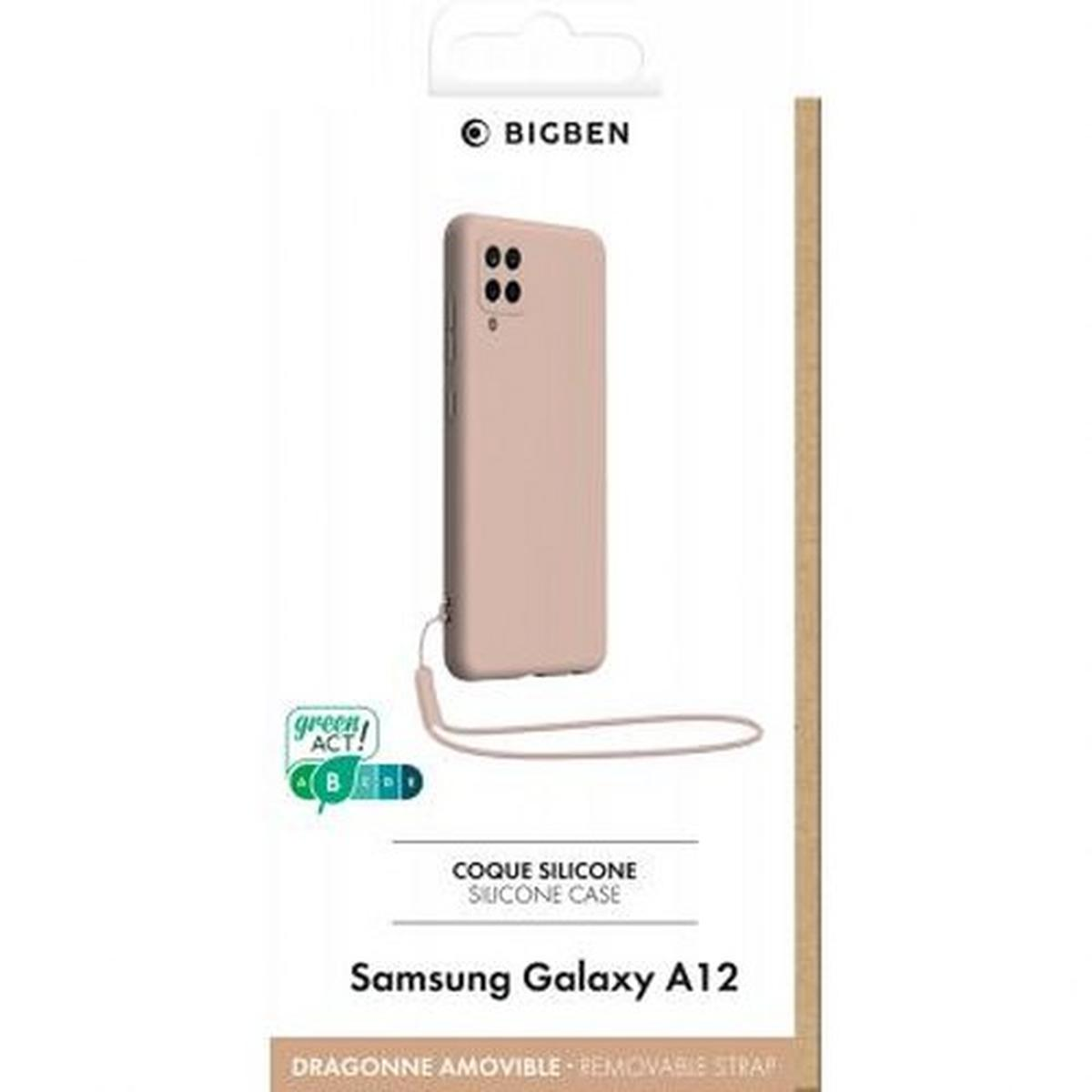 Custodia per telefono rosa in una scatola. La scatola dice che la custodia è per Samsung Galaxy A12. Ha un cordino.