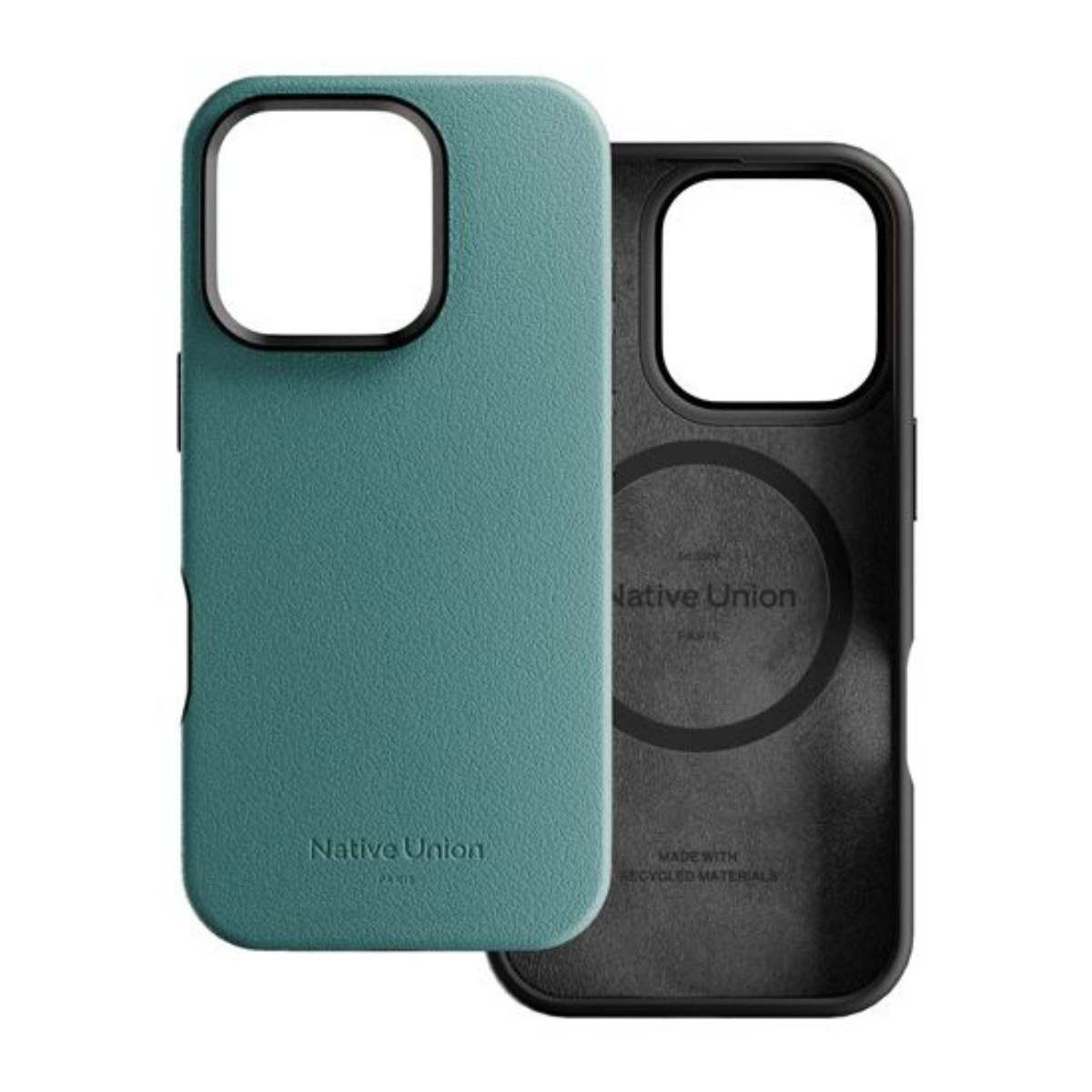 Custodia per telefono verde acqua con interno nero. Ha un ritaglio per la fotocamera e il marchio stampato.