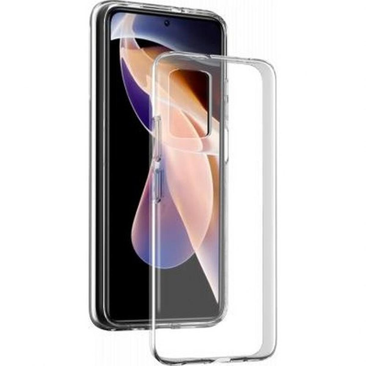 Custodia trasparente per telefono con telefono all'interno. Il telefono mostra un'interfaccia. La custodia è trasparente.