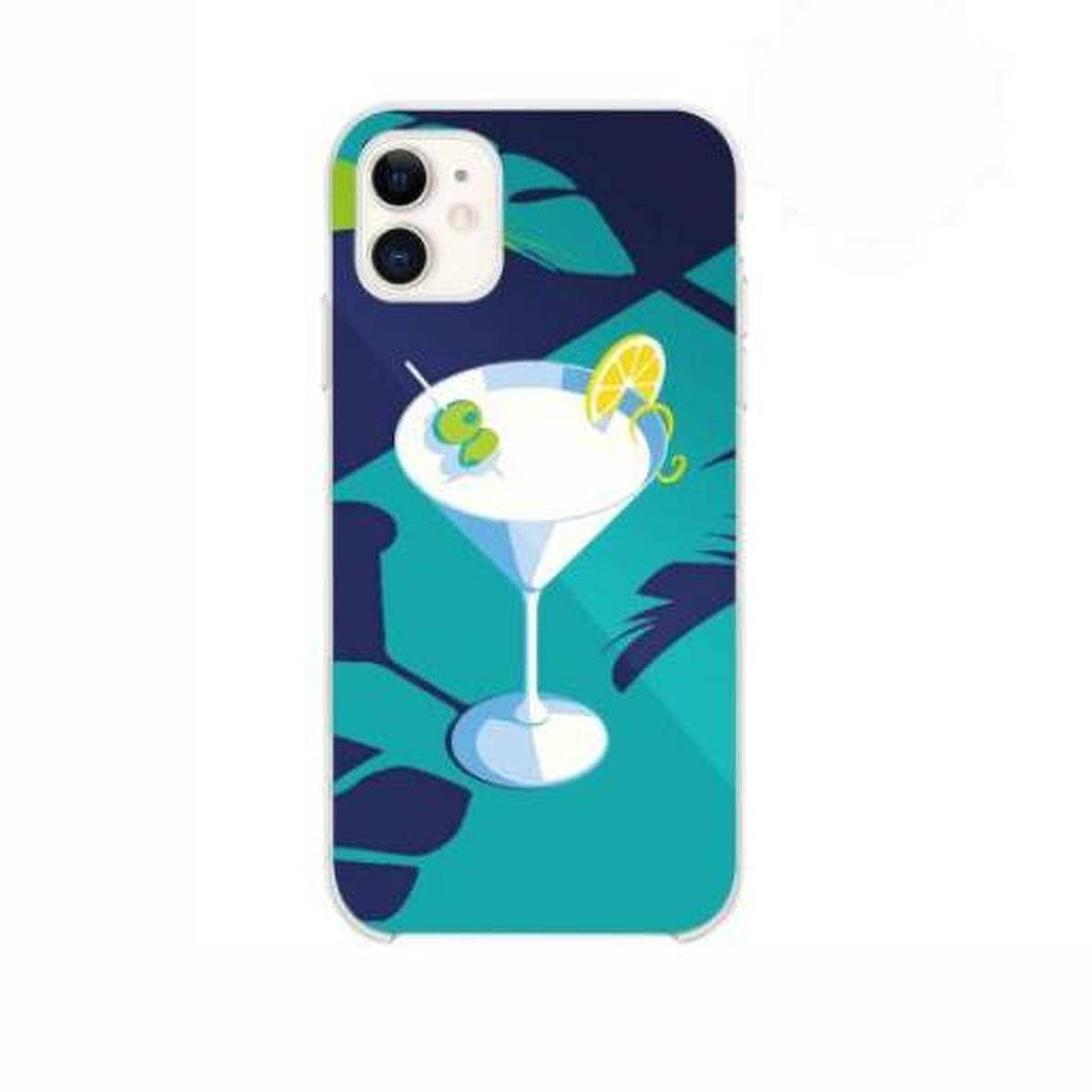 Custodia per telefono con un'illustrazione di cocktail sul retro. Lo sfondo è un motivo verde acqua e blu.