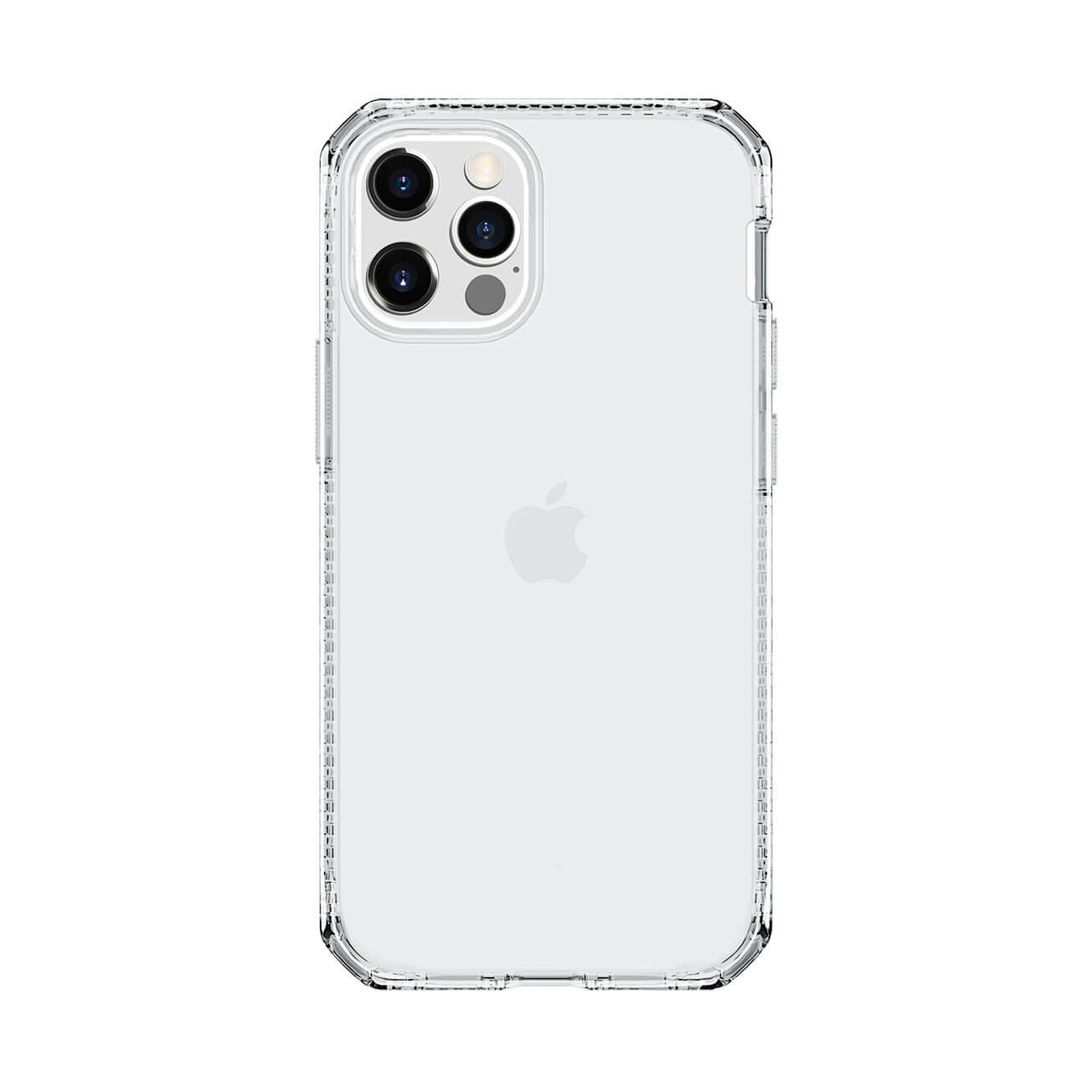Custodia trasparente con sfondo bianco. Il telefono ha tre fotocamere.