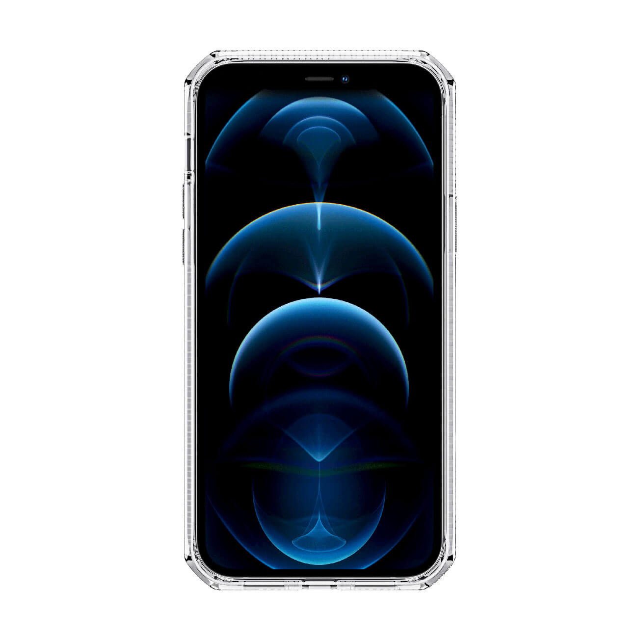 Una custodia trasparente con un telefono all'interno. Lo schermo del telefono mostra un design astratto blu.