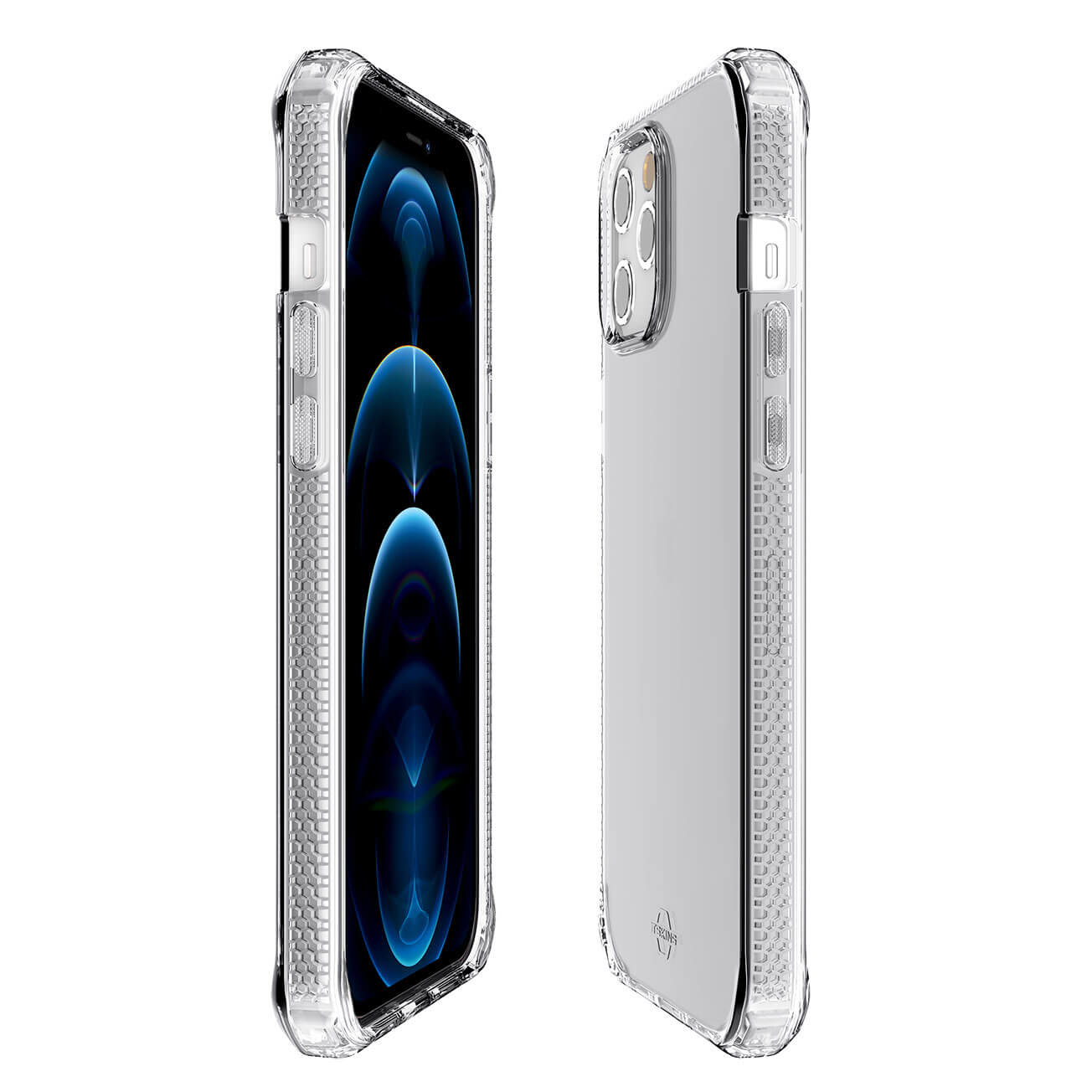 Custodia per telefono con un telefono all'interno. Mostra la parte anteriore e laterale di un telefono. La custodia è trasparente.