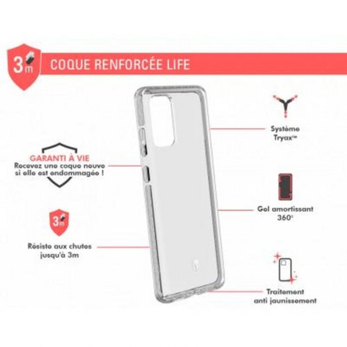 Custodia per telefono trasparente con sfondo bianco. Testo e grafica sulle caratteristiche di protezione sono visibili.