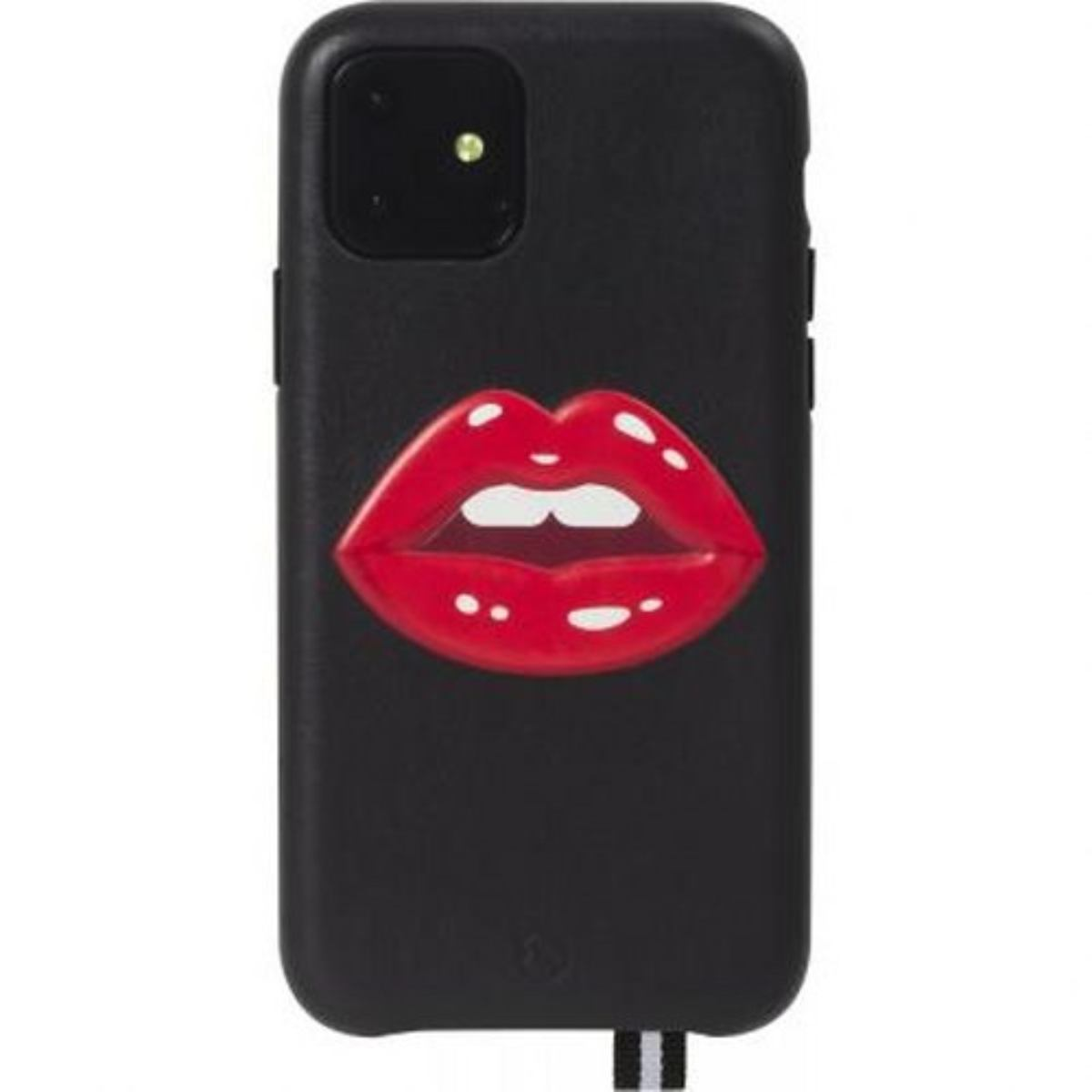 Custodia per telefono nera con design a rossetto rosso. La custodia ha un cinturino bianco e nero.