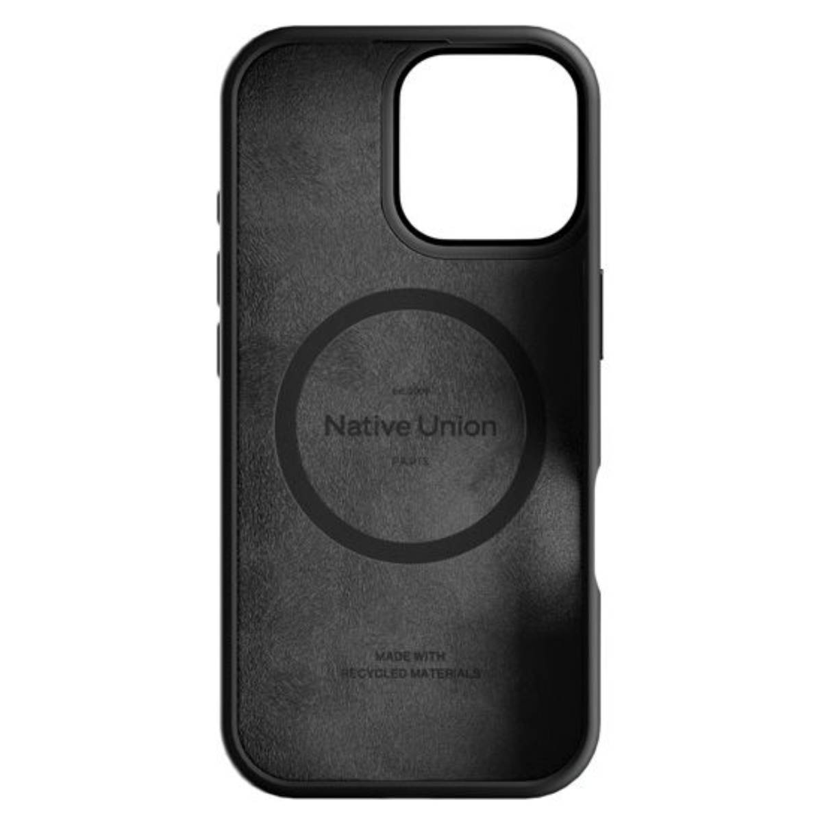 Custodia per telefono nera con logo Native Union all'interno. La custodia dice 'Realizzato con materiali riciclati'.