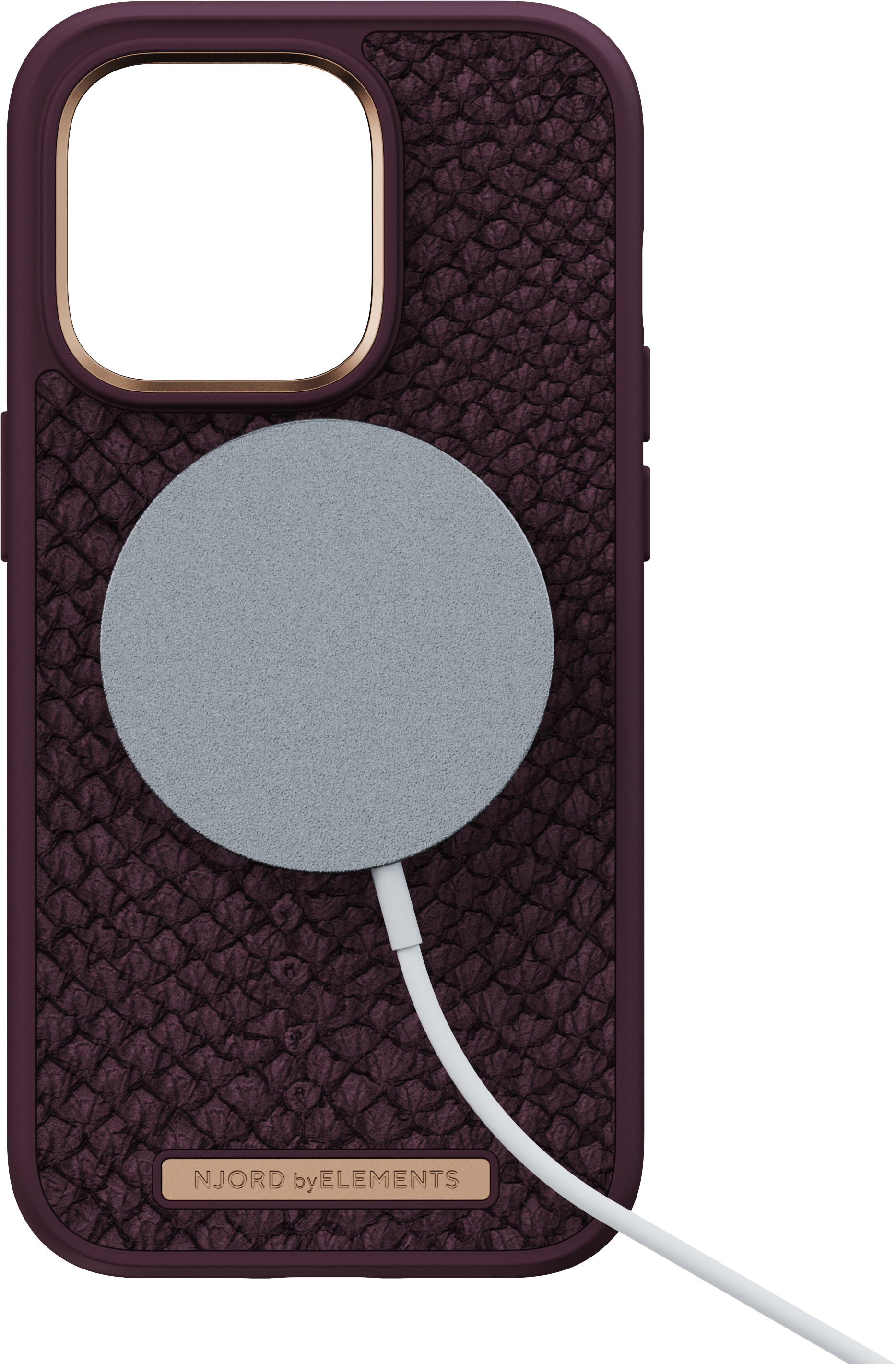 Custodia per telefono viola con cerchio di ricarica grigio e cavo bianco. Modello strutturato.