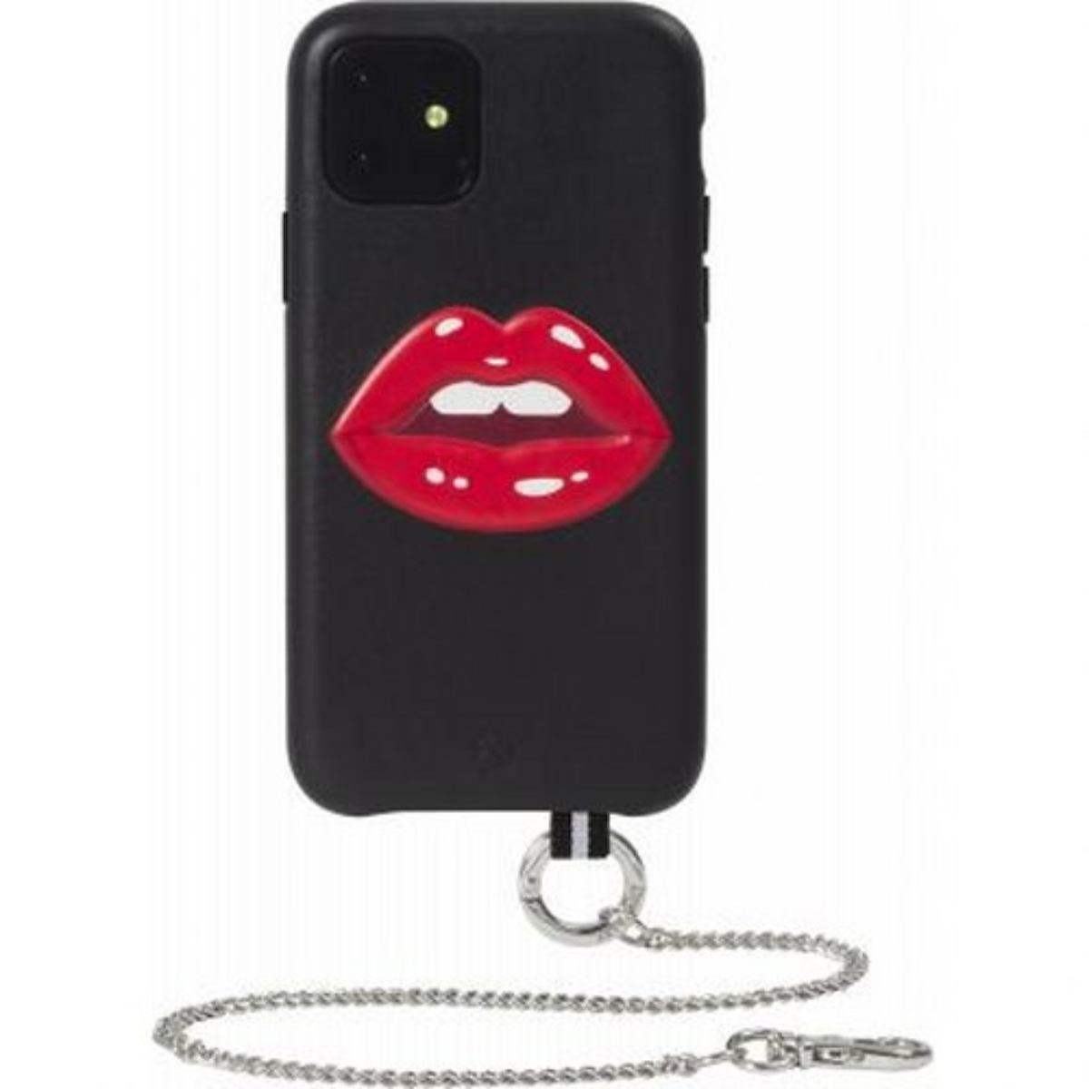 Custodia per telefono nera con design a labbra rosse e catena argentata. La custodia ha un anello argentato.