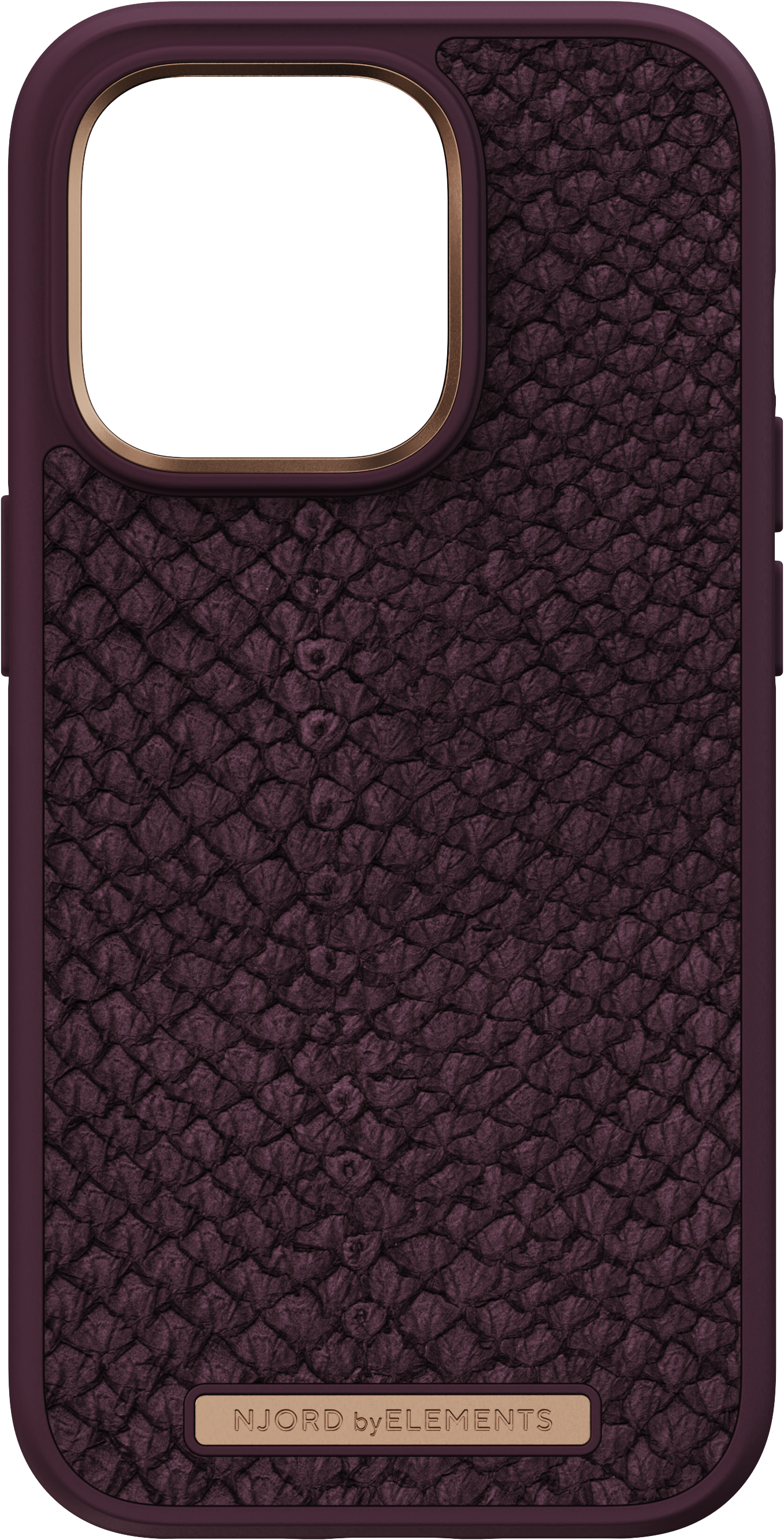 Custodia per telefono viola con superficie strutturata e bordo fotocamera dorato. Marchio NJORD.