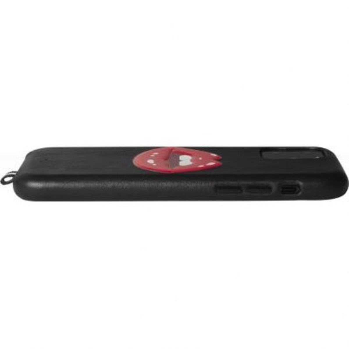 Custodia per telefono nera con un pop socket a forma di labbra rosse. Sfondo bianco.