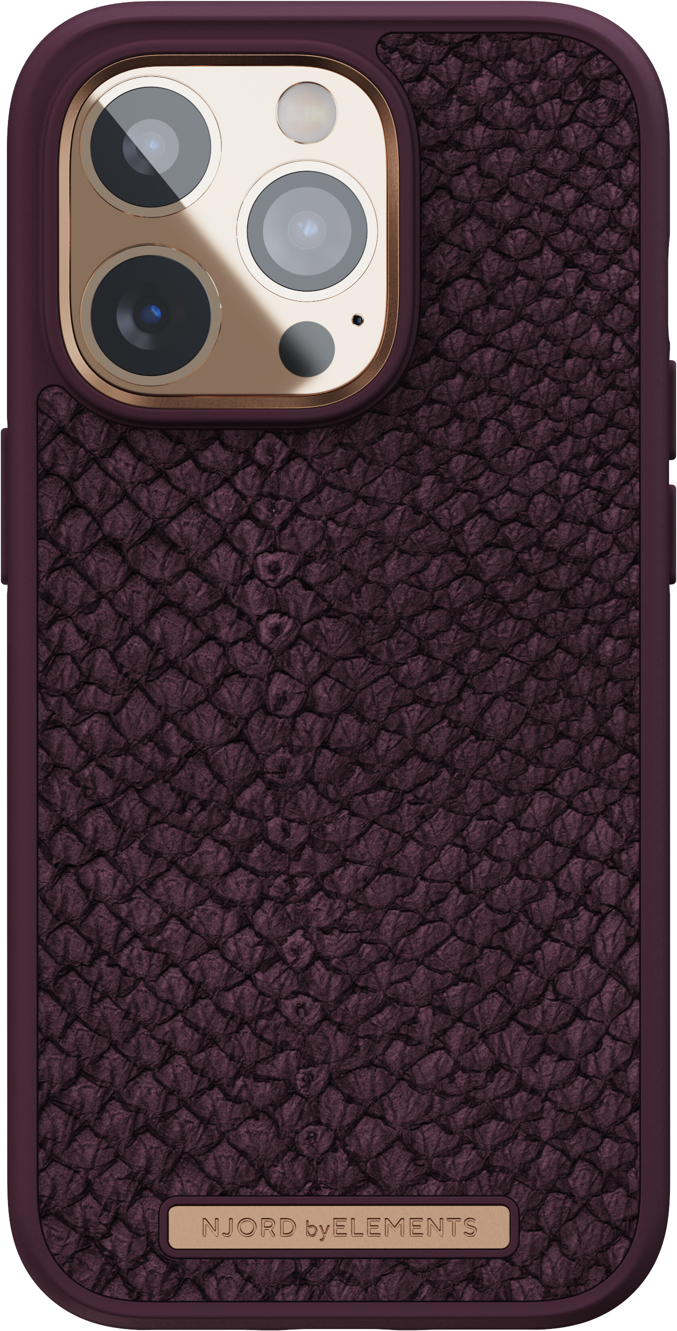 Custodia viola con motivo strutturato. Il telefono ha un'estensione per la fotocamera.