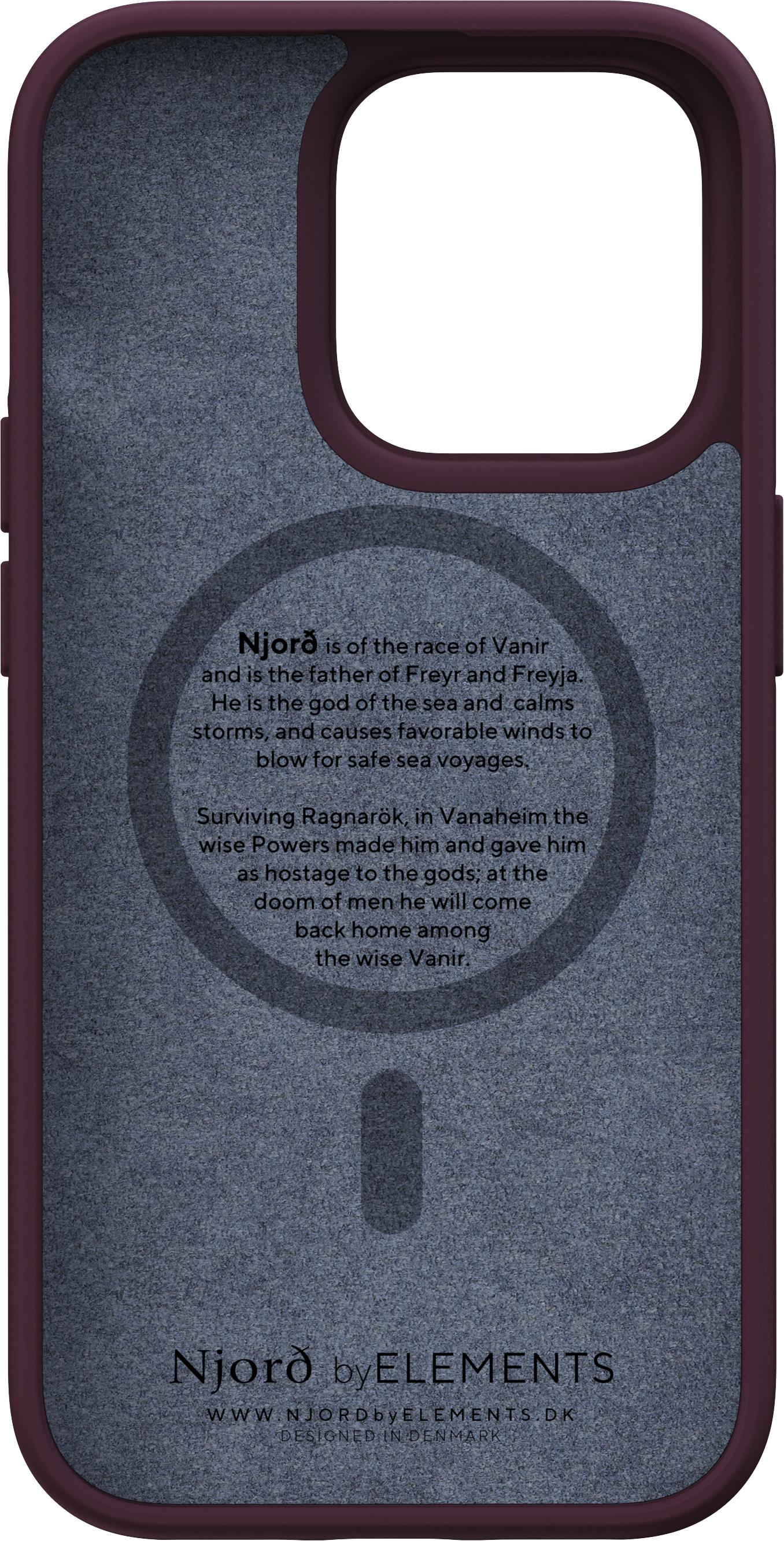 Interno della custodia del telefono con testo sul dio norreno Njörðr e un cerchio magnetico.