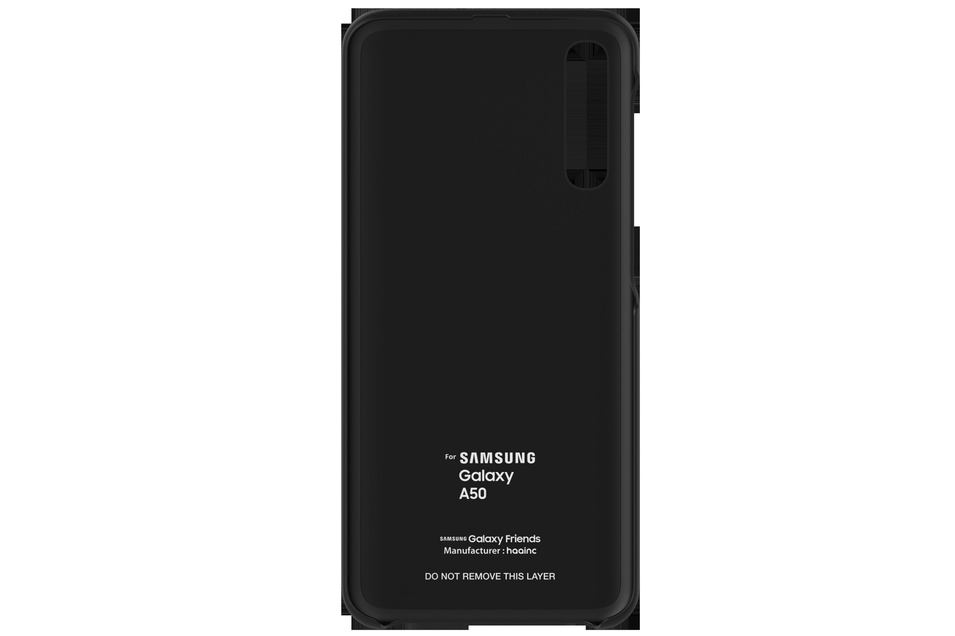 Funda negra para teléfono. Texto 'For SAMSUNG Galaxy A50' y 'DO NOT REMOVE THIS LAYER' visible.