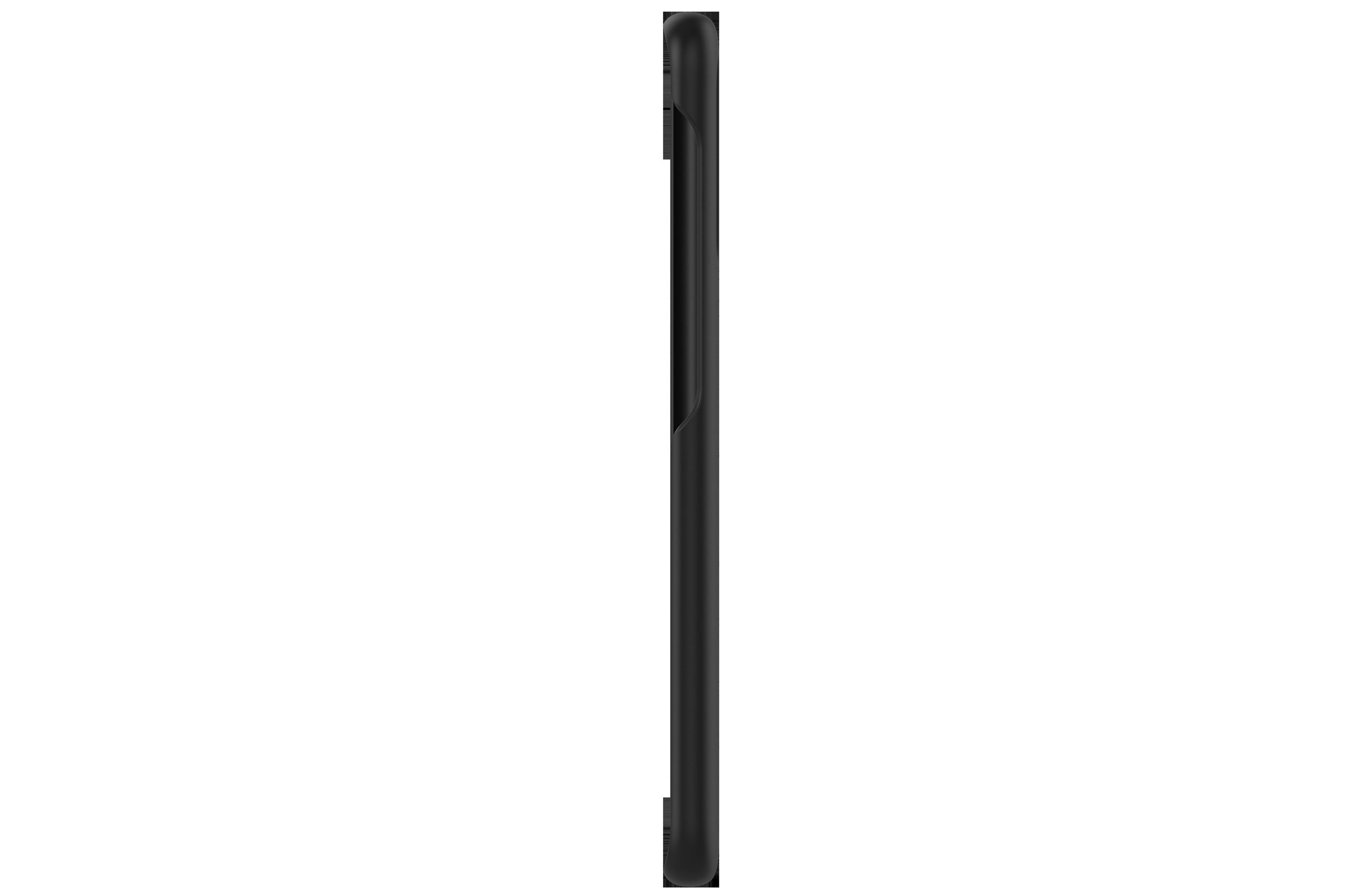 Una funda negra para teléfono vista de lado. El fondo es blanco.