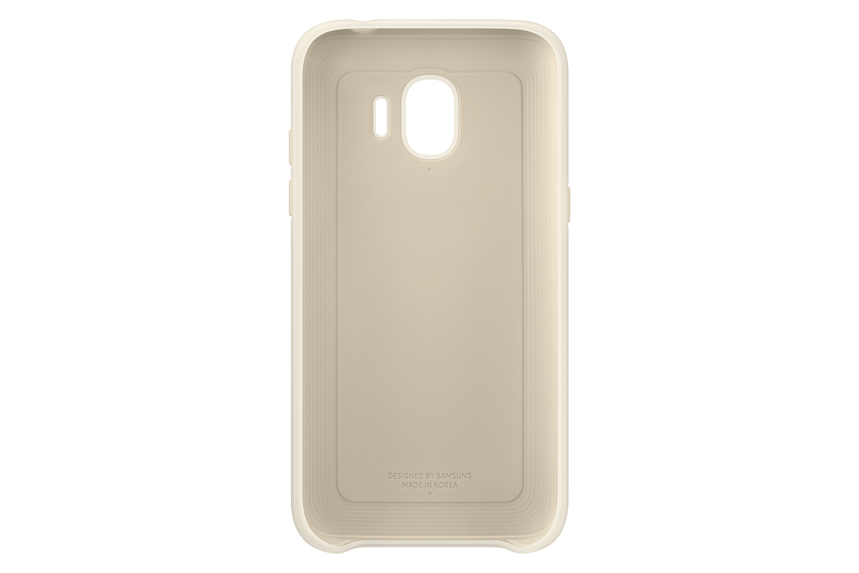 Interno della custodia beige con logo Samsung. Con ritagli per le funzioni del telefono.
