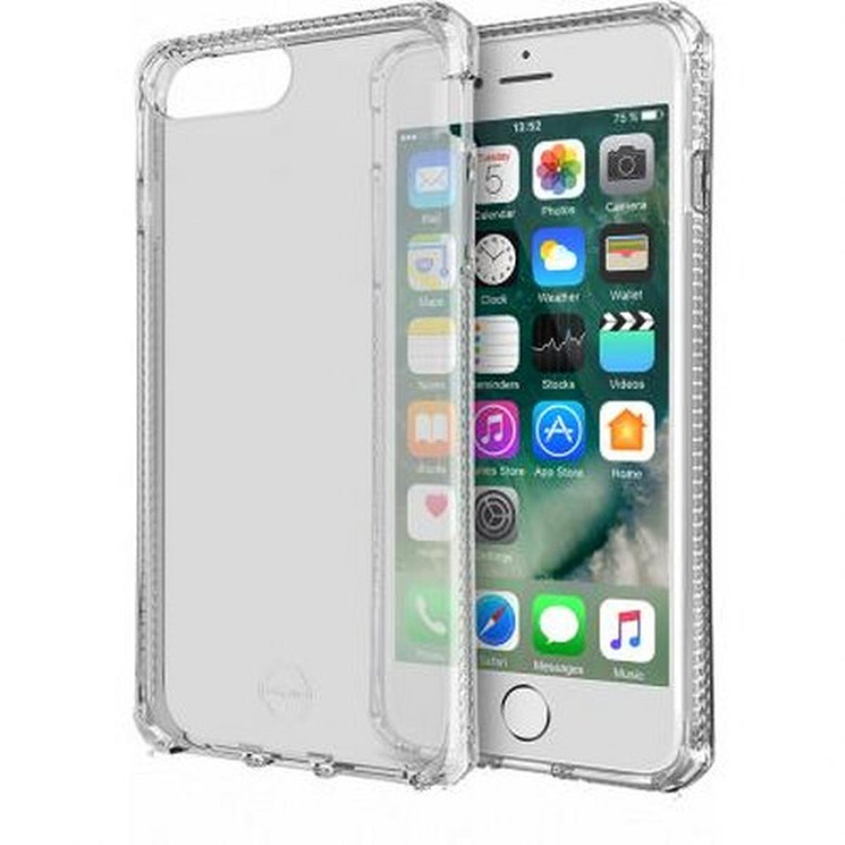 Custodia trasparente su iPhone bianco. Lo schermo mostra app e orario.