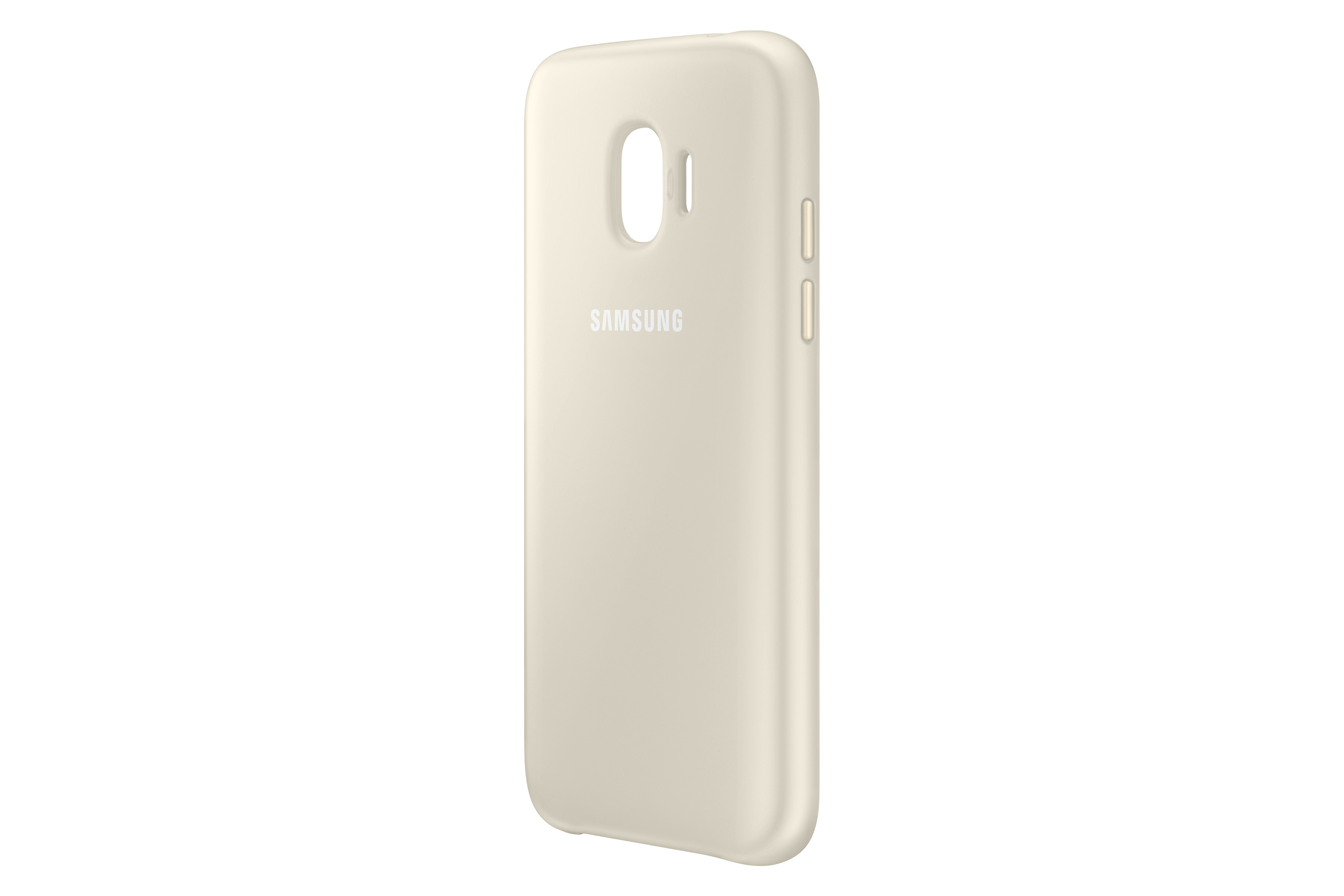 Custodia beige con logo Samsung e tasti del volume laterali.