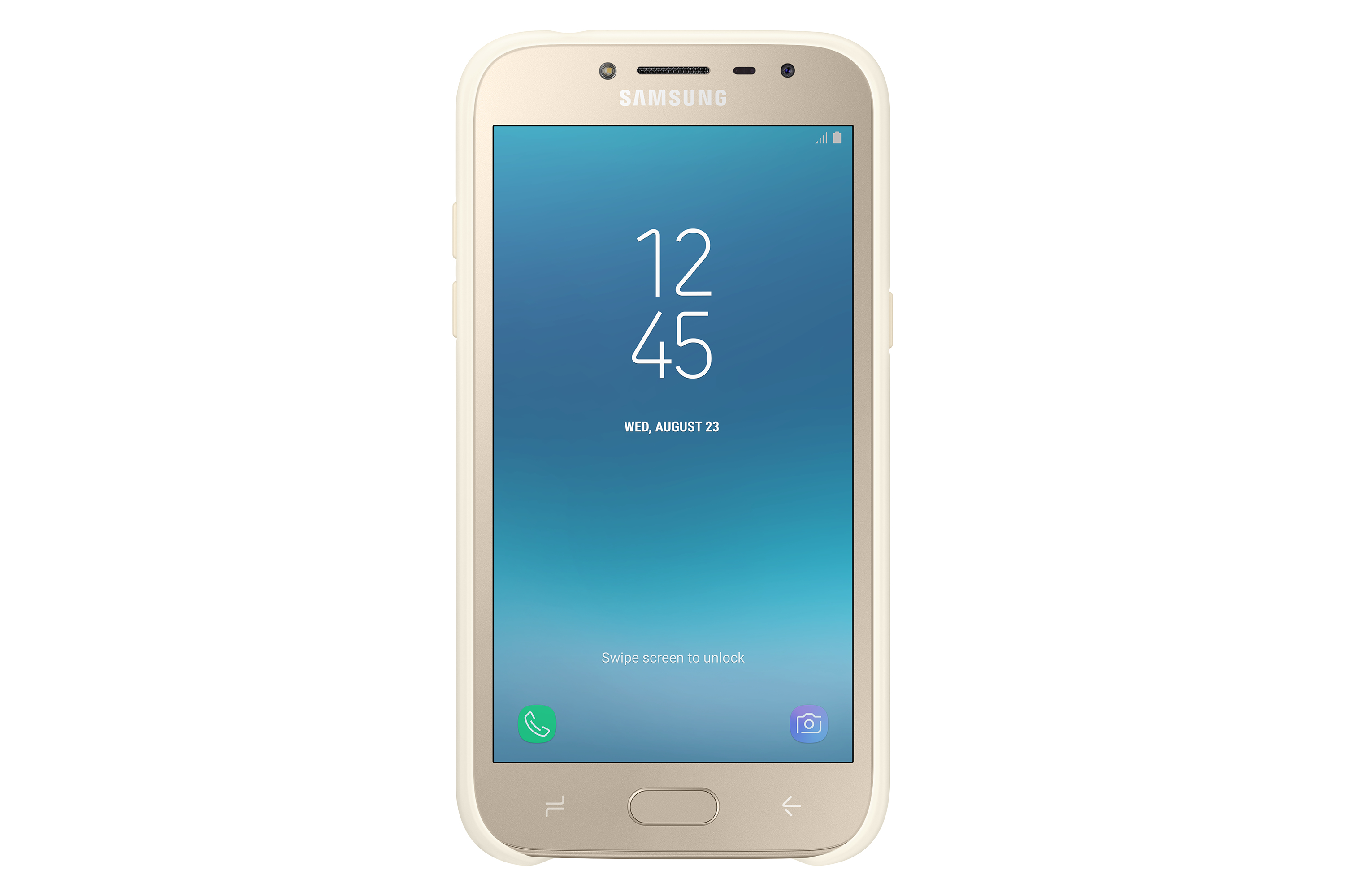 Telefono Samsung dorato. Ora 12:45 sullo schermo, mercoledì 23 agosto.
